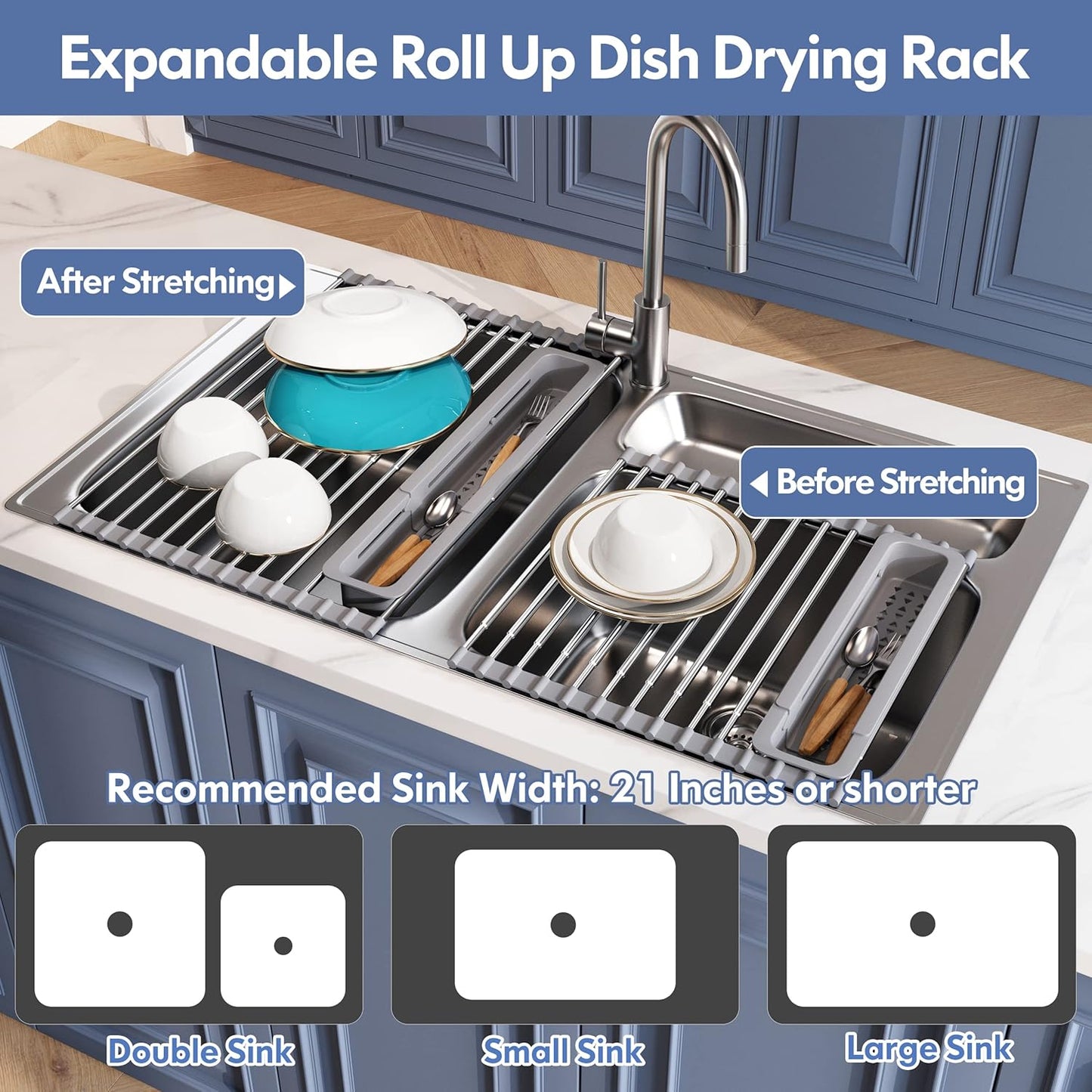 Over The Sink Dish Drying Rack for Kitchen, Expandable (12.8"-23.8" D x 15.5" W) Roll Up Dish Drainer with The Function of Fordable, Rust Proof, Large Sink Cover with Removable Utensil Holder