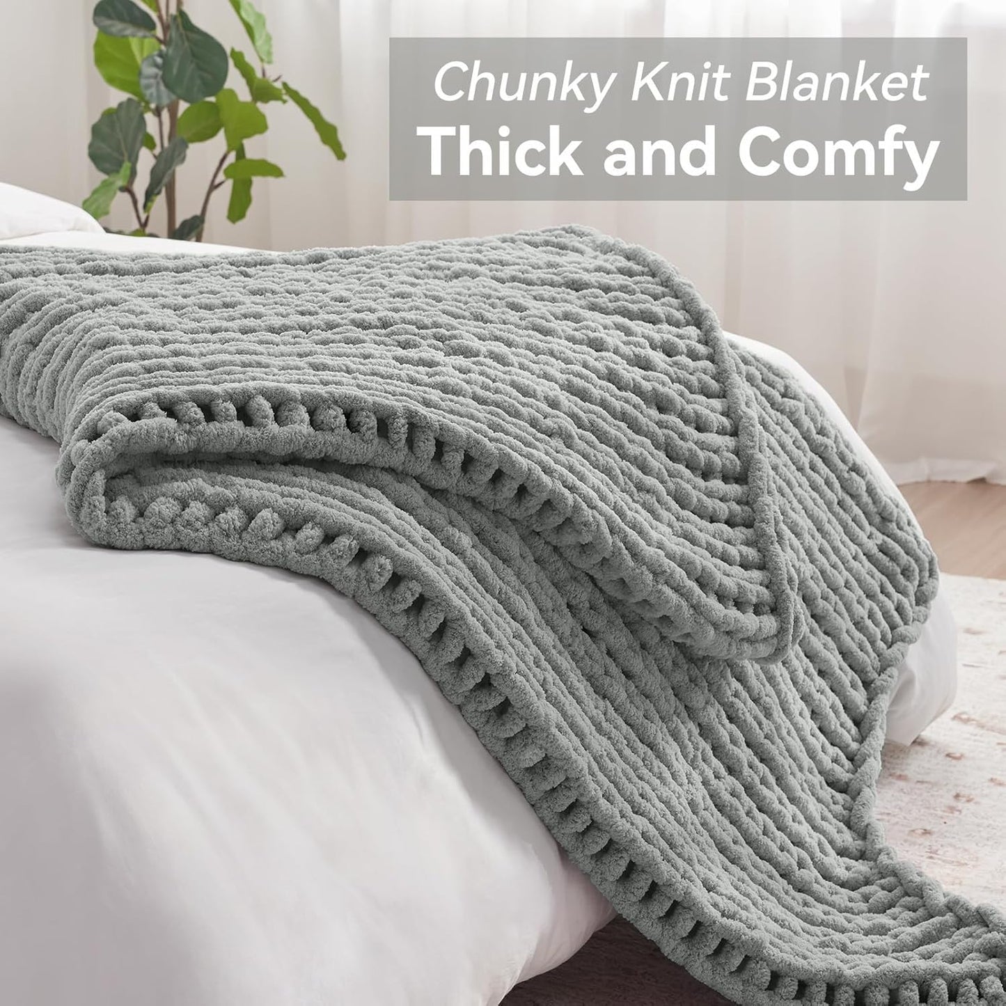 Chunky Knit Throw Blanket, 30''*40'' Knitted Throw Chenille Yarn for Bed Couch, Handmade Light Grey Crochet Big Thick Blanket, Machine Washable Cute Comfy Blanket for Home Decor