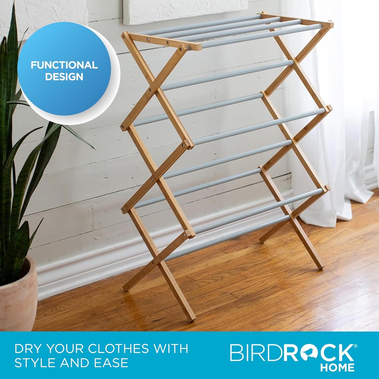 BirdRock Home Wooden Clothes Drying Rack | 3-Tier Foldable Bamboo Laundry Stand | Water-Resistant, Fully Assembled, Collapsible Indoor/Outdoor Dryer for Hanging Clothes | Grey