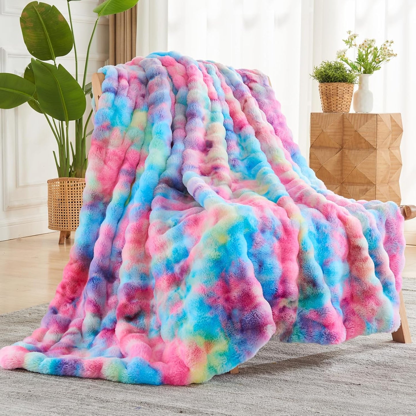 NEWCOSPLAY Faux Fur Twin Blanket Dark Rainbow Luxury Fluffy Thick Warm Bubble Blanket for Couch Sofa Bed 700GSM (Dark Rainbow, Twin(60"x80"))