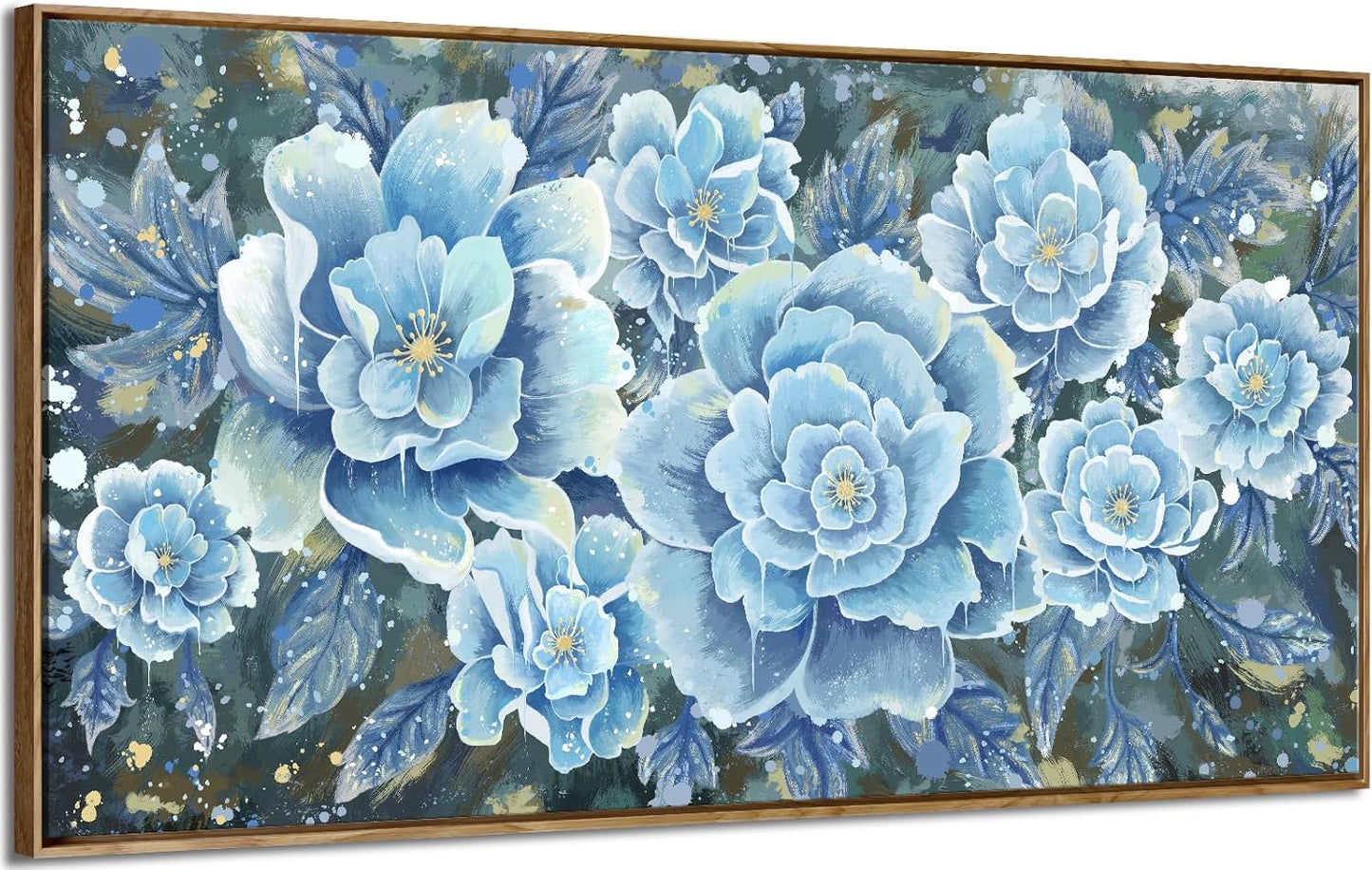 Large Blue Wall Art Decor Modern Framed Wall Picture for Living Room Bedroom Office Decor Floral Canvas Art Prints Botanical Wall Picture Abstract Peony Flower Horizontal Artwork Ready to Hang 48x24