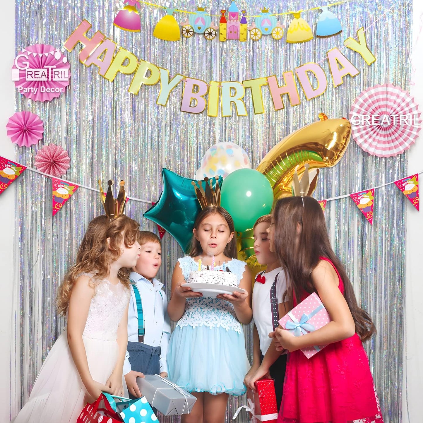 Silver Foil Fringe Tinsel Backdrop - GREATRIL Metallic Tinsel Streamers Curtains for 2025 NYE/Prom/Dancing Ball/Christmas/Bachelorette Party Decorations - Pack of 2