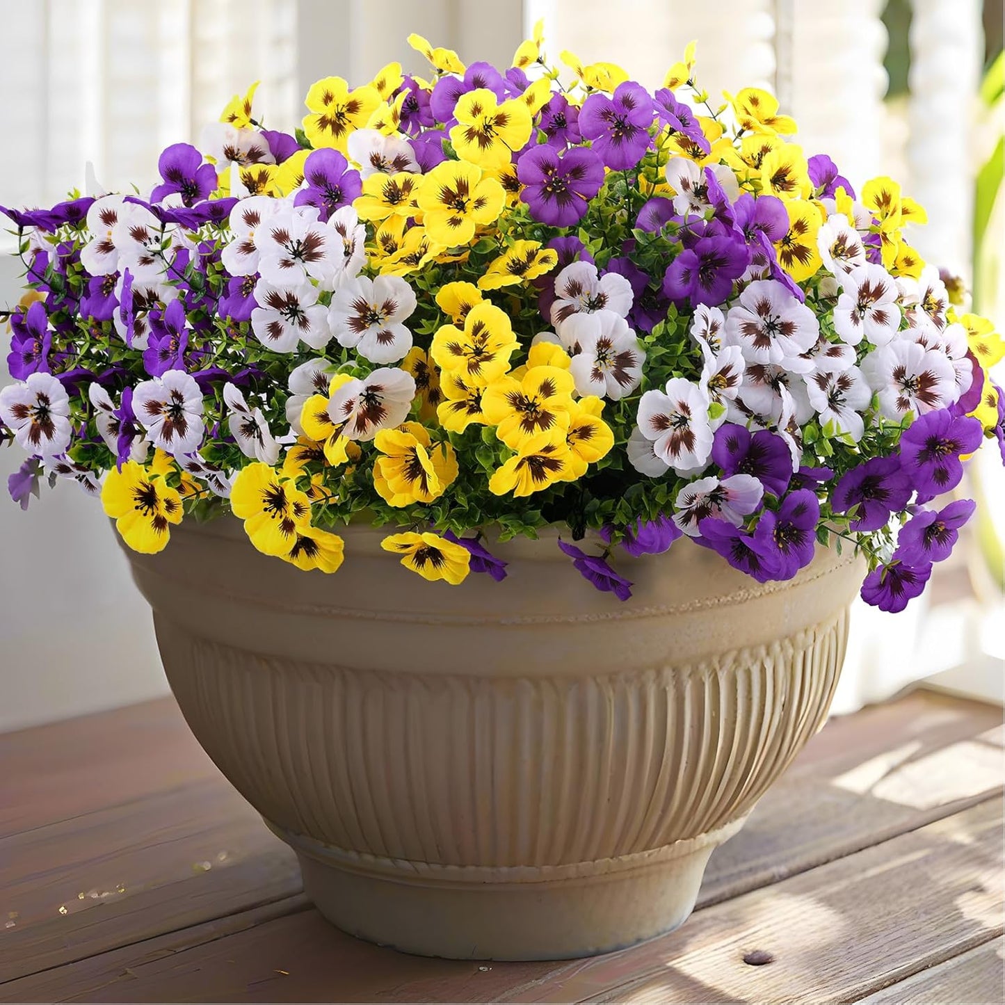 Artificial Fake Pansy Flowers for Outdoor, 36 Bundles Faux Silk Pansies Spring Flowers for Outside for Planter Front Door Porch Yard Patio Window Box Home Decor (36, Purple, Yellow, White)