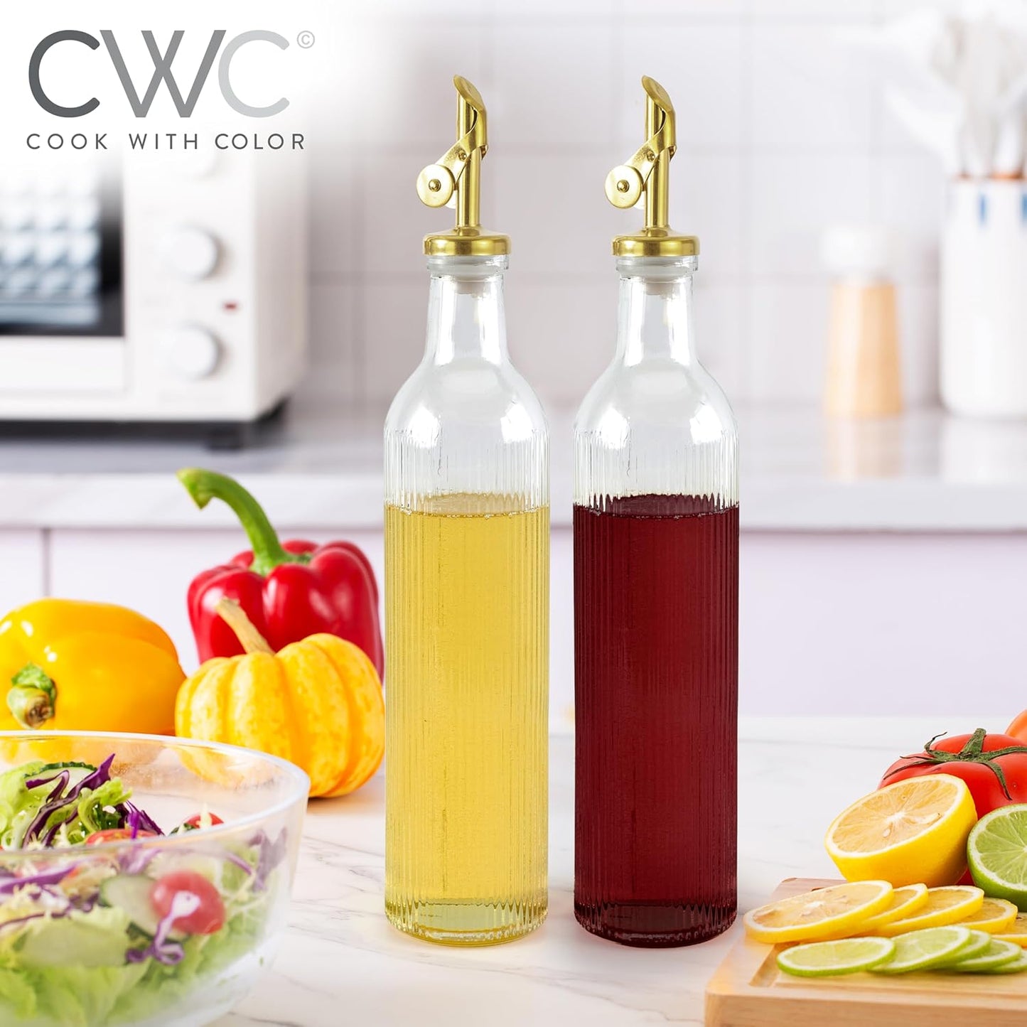 COOK WITH COLOR Glass Olive Oil Dispenser Bottle - 2 Pack, 17 oz Cruet - Elegant Carafe Decanter with Spout for Kitchen, Suitable for Vinegar, Coffee Syrups & Other Liquids