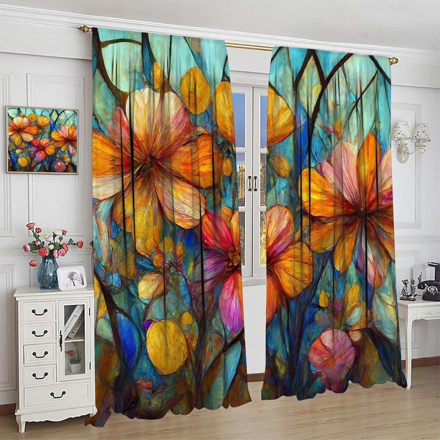 Stained Glass Curtains,Magic Forest Colorful Flowers Abstract Art Home Decor Drapes for Bedroom Living Room Kitchen Window Treatment 2 Panels Set Total Size 63" W X 63" L Inch