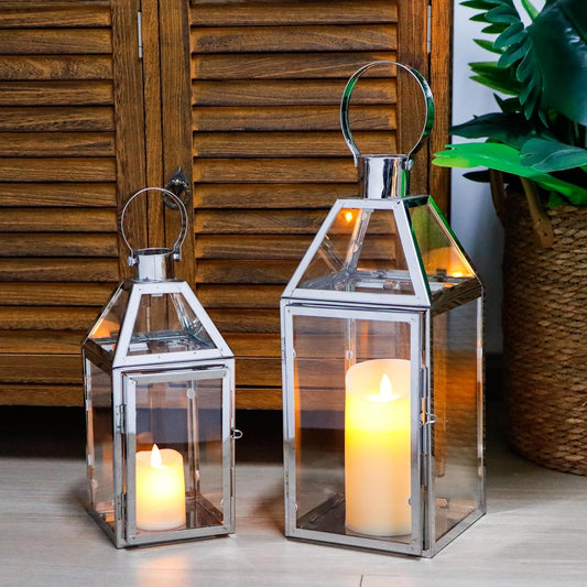TRIROCKS Set of 2 Stainless Steel Decorative Lanterns 13"&10" H Metal Candle Holders with Tempered Glass for Home Decor Living Room Parties Events Tabletop Indoors Outdoors(Silver)