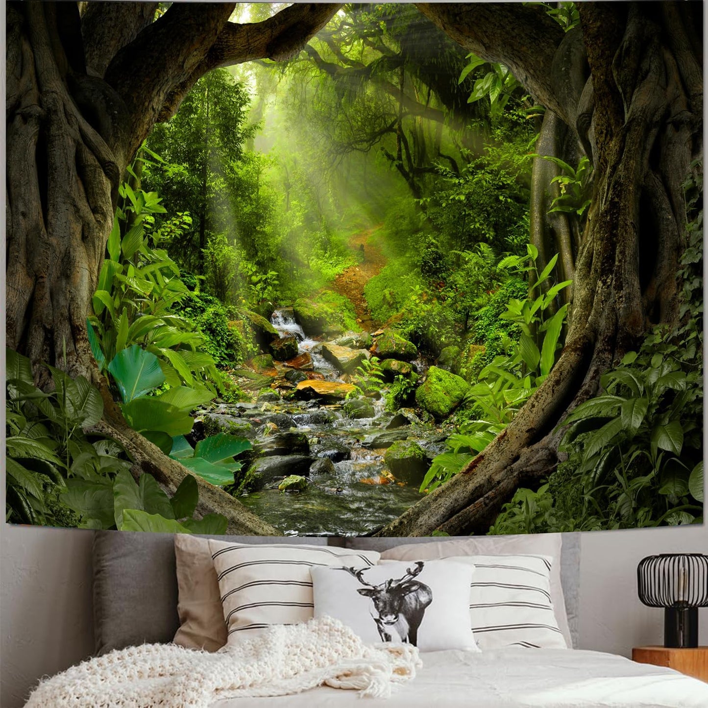 Misty Forest Tree Cave Tapestry Nature Green Tapestry Enchanted Rainforest Tropical Jungle Sunshine Flowing Stream Landscape Wall Tapestries for Living Room Bedroom Dorm Office (50" × 60")