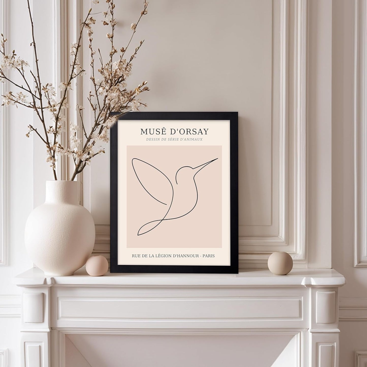 Poster Master Vintage Poster - Retro One Line Hummingbird Drawing Print - Bird Line Art - Minimal Gift for Him, Her, Animal Lover - Abstract Decor for Home, Office, 8x10 Black Framed