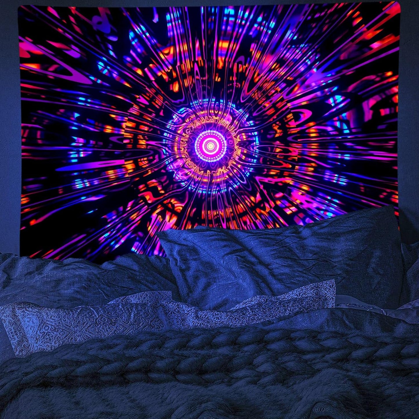 PSYHILAR Blacklight Mandala Tapestry for Bedroom, Psychedelic Black Light Posters for Adults and Teens, Colorful UV Reactive Aesthetic Bohemian Art Wall Hanging Decor Red and Purple (40 x 30 Inches)