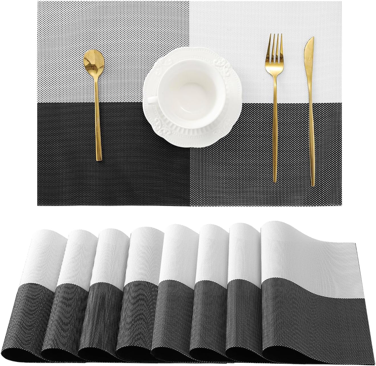 Leetaltree Gray with White Grid Pattern Placemats Set of 8 - Heat Resistant Non-Slip Place mats for Dining Table, Washable Durable PVC Vinyl Woven Table Mats（Grey Grid, 8）