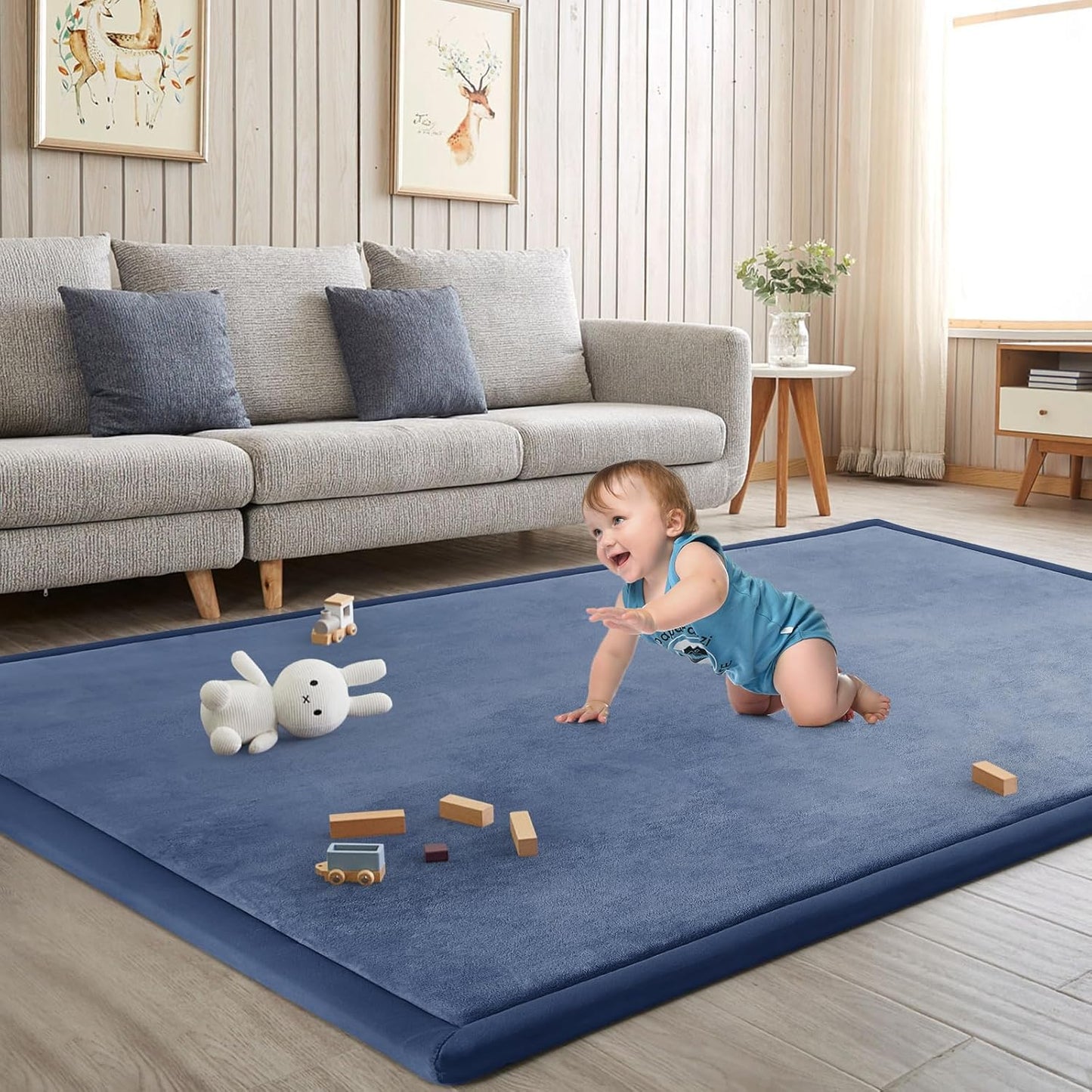 Baby Play Mat for Floor Tummy Time Mat Nursery Rug Muscle Mat Area Rug Playroom Rug Tatami Mat 6'7"x4'11" Memory Foam 1.3" Thick Crawling Mat for Babies,Toddlers, Infants, Kids,Floor Mat(Blue)