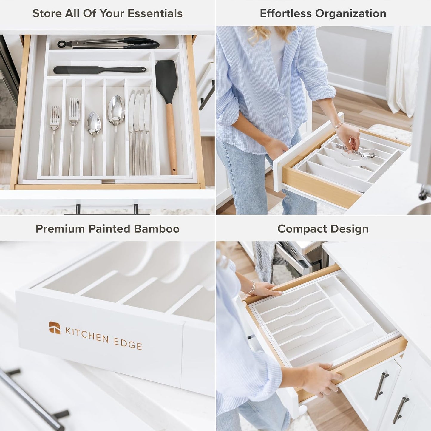 Premium Silverware, Flatware and Utensil Organizer for Kitchen Drawers, Food-Safe Contract Grade, Expandable from 14.5 to 25 In, White Bamboo