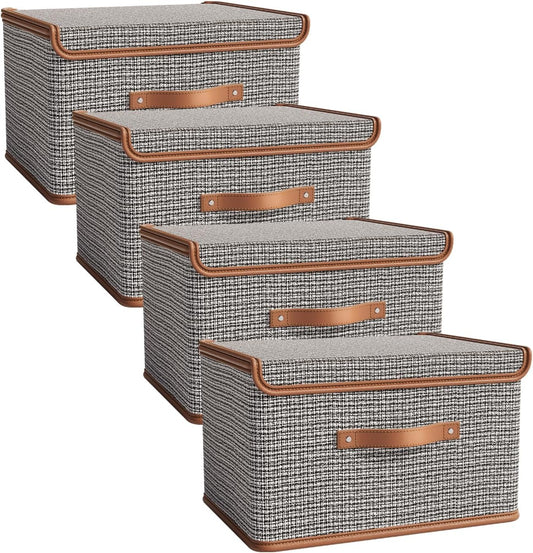 Tuza 4 Pack Storage Bins with Lids, Collapsible Closet Organizer Container, Fabric Organizer Box with Handles, Decorative Storage Boxes with Lids for Organizing Clothes, Blanket, Light Grey, Medium