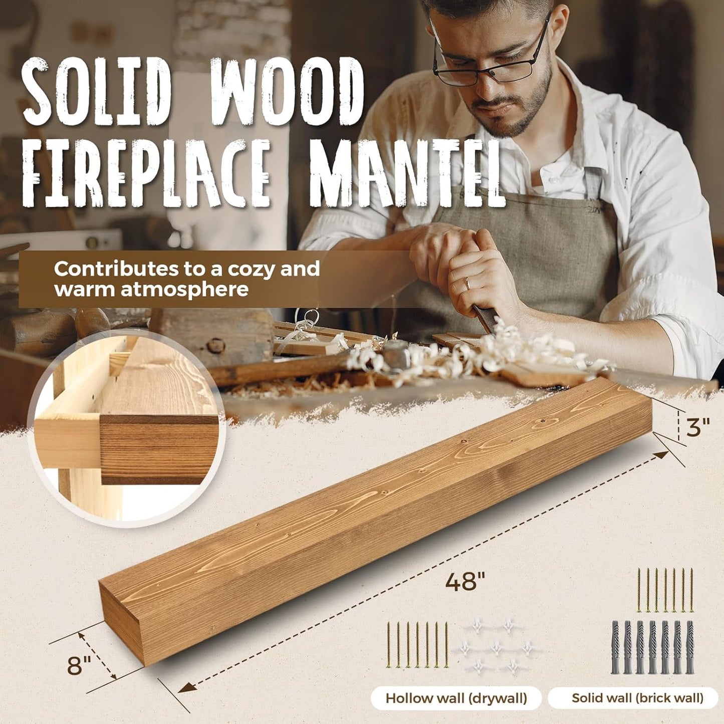 48x8x3 Fireplace Mantel - Handcrafted Hollow Rustic Solid Wood Wall Mounted Floating Shelf with Invisible Heavy Duty Wood Bracket (Natural Wood)