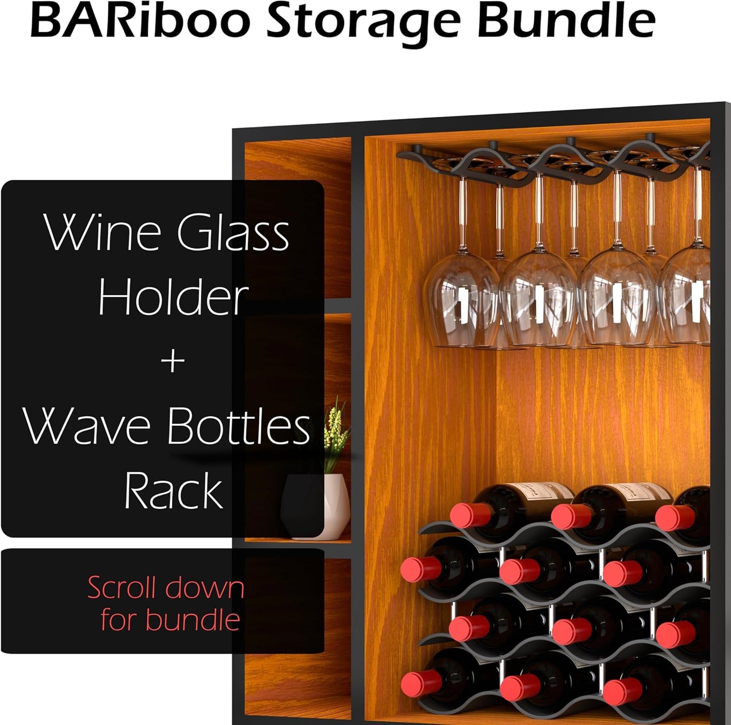Bariboo Wine Glass Storage Case – Hang 8-12 Glasses on Your 18.7 x 9 x 1.7 In., Dust-Free Wine Glass Holder – Under-Shelf & Under-Cabinet Wine Glass Holder Rack with Assembly Manual & Video