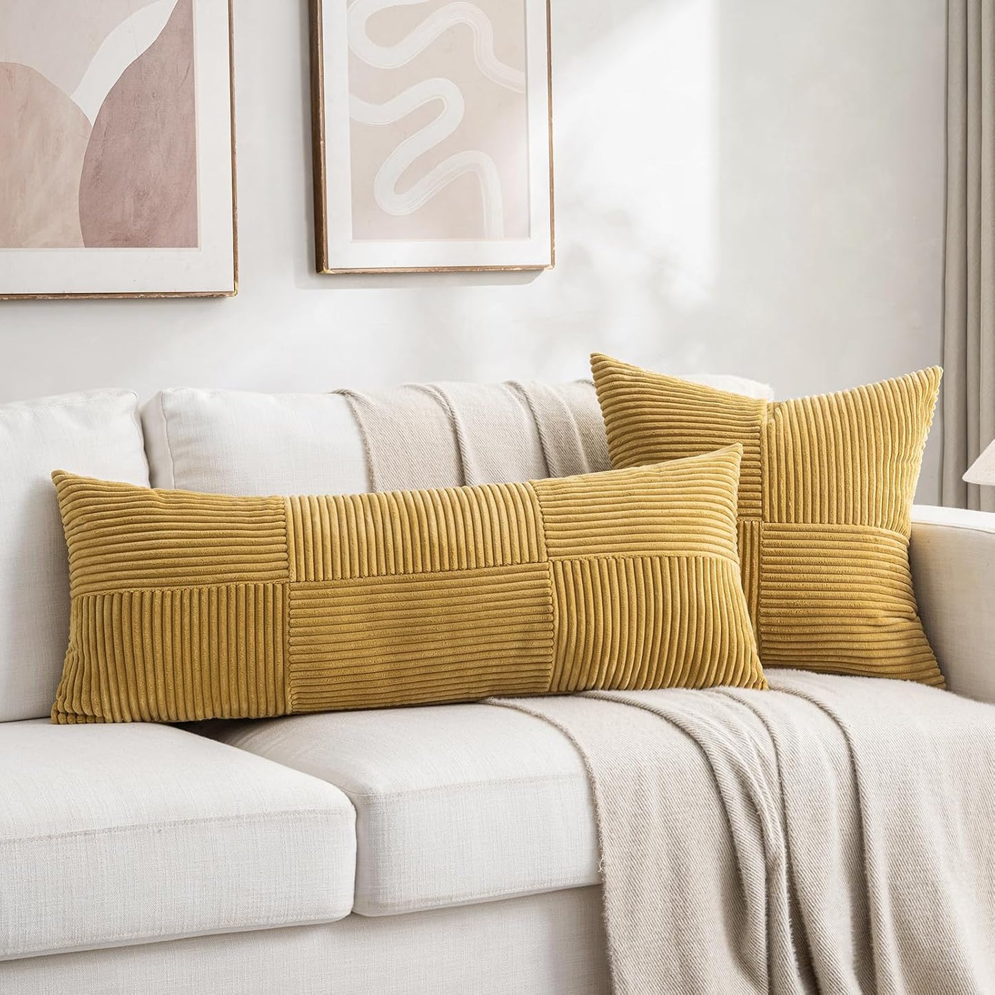 Fancy Homi 2 Packs Mustard Yellow Decorative Throw Pillow Covers 20x20 Inch for Living Room Couch Bed Sofa, Farmhouse Boho Home Decor, Soft Corss Corduroy Patchwork Accent Square Cushion Case 50x50 cm