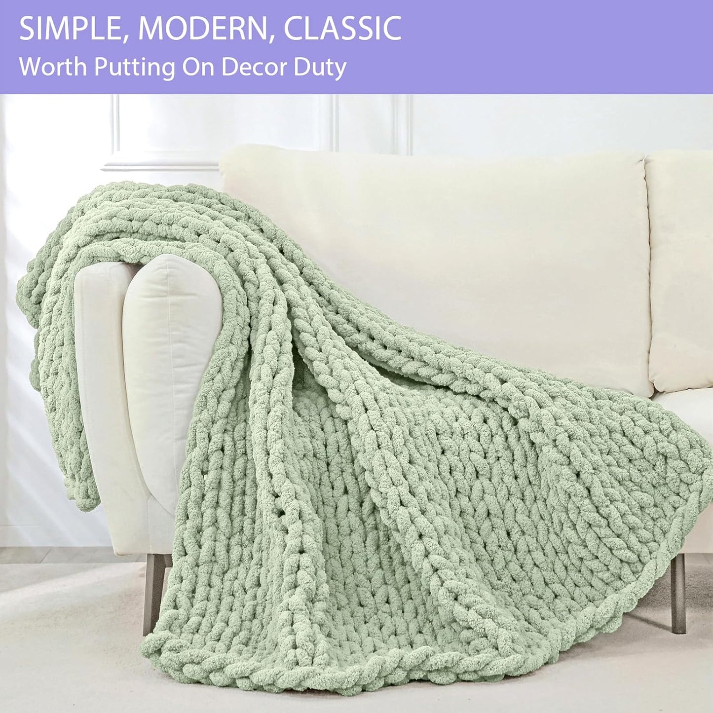 Bigacogo Chunky Knit Throw Blanket for Couch, 40x60 inches, 100% Hand Knitted with Thick Jumbo Chenille Yarn, Cozy Soft Large Rope Knot Cable Crochet Blankets for Sofa Bed Living Room, Sage Green