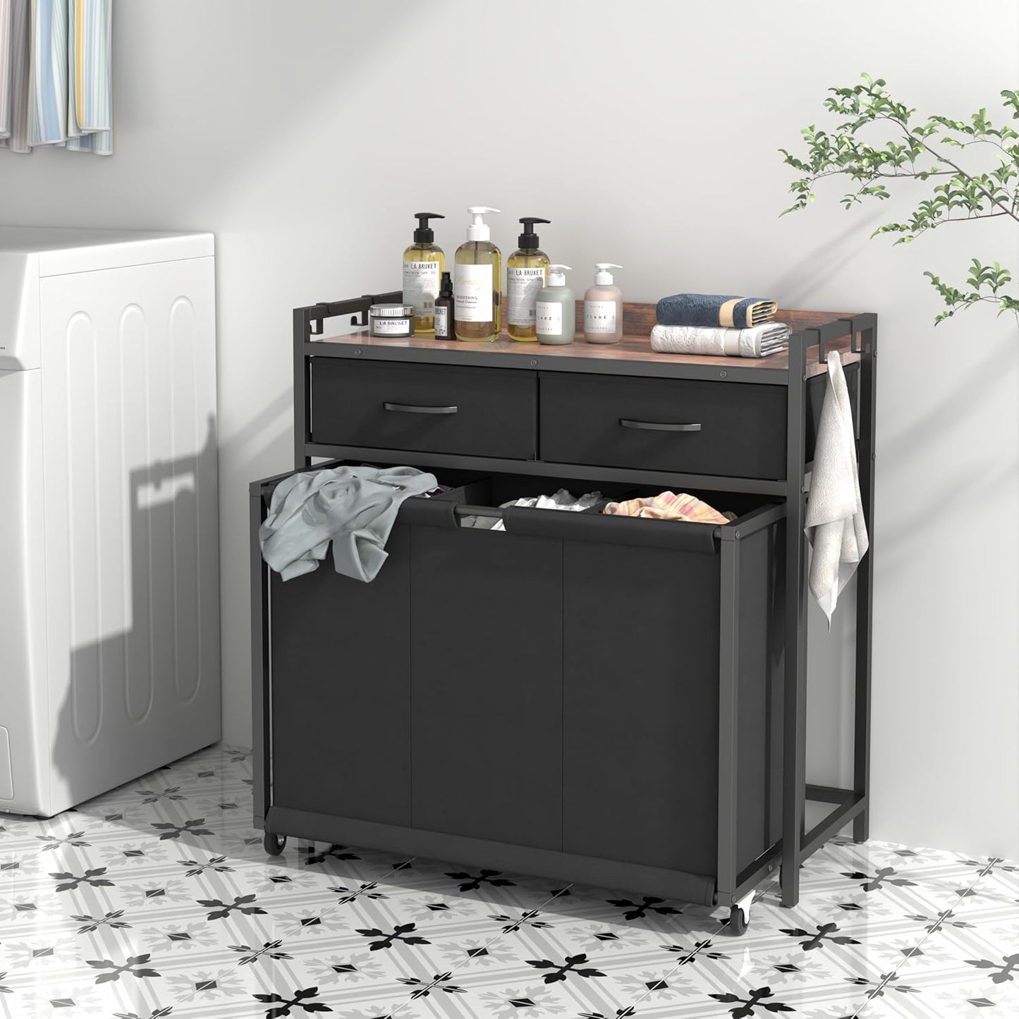 Laundry Hamper Laundry Basket with 3 Section Pull-Out Rolling Bags, Laundry Sorter for Organization and Storage with 2 Pull-Out Drawers for Laundry Room, Bathroom, Bedroom Use (Rustic Brown)