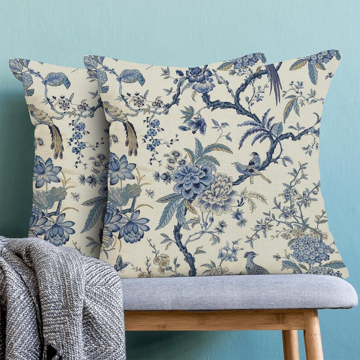 CXMEIFLY Spring Floral Birds Pillow Covers 18 x 18 Inch Set of 2 for Chinoiserie Flowers Decor Throw Pillows Blue and White Plant Outdoor Decorative Cushion Cases for Couch Bed Decorations