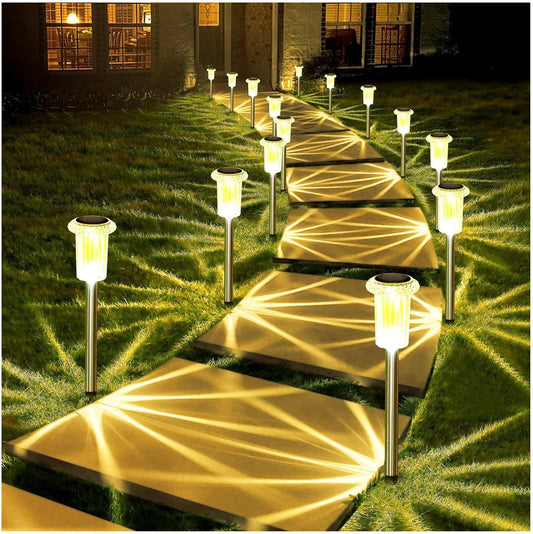 DenicMic Solar Lights Outdoor 10 Pack Waterproof 3000K Warm White LED Acrylic lamp Head Stainless Steel Stake for Landscape Lighting Path Walkway Sidewalk Backyard Patio Decor