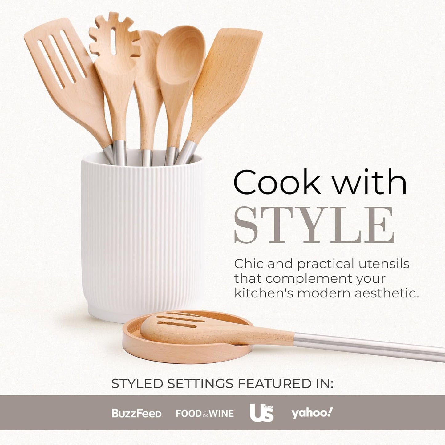 STYLED SETTINGS Wood Cooking Utensils Set with Stainless Steel Handles – 6-PC Durable Wooden Spoons for Cooking, Serving, & Mixing – Kitchen Utensils Set for Nonstick Cookware, Great for Gifting