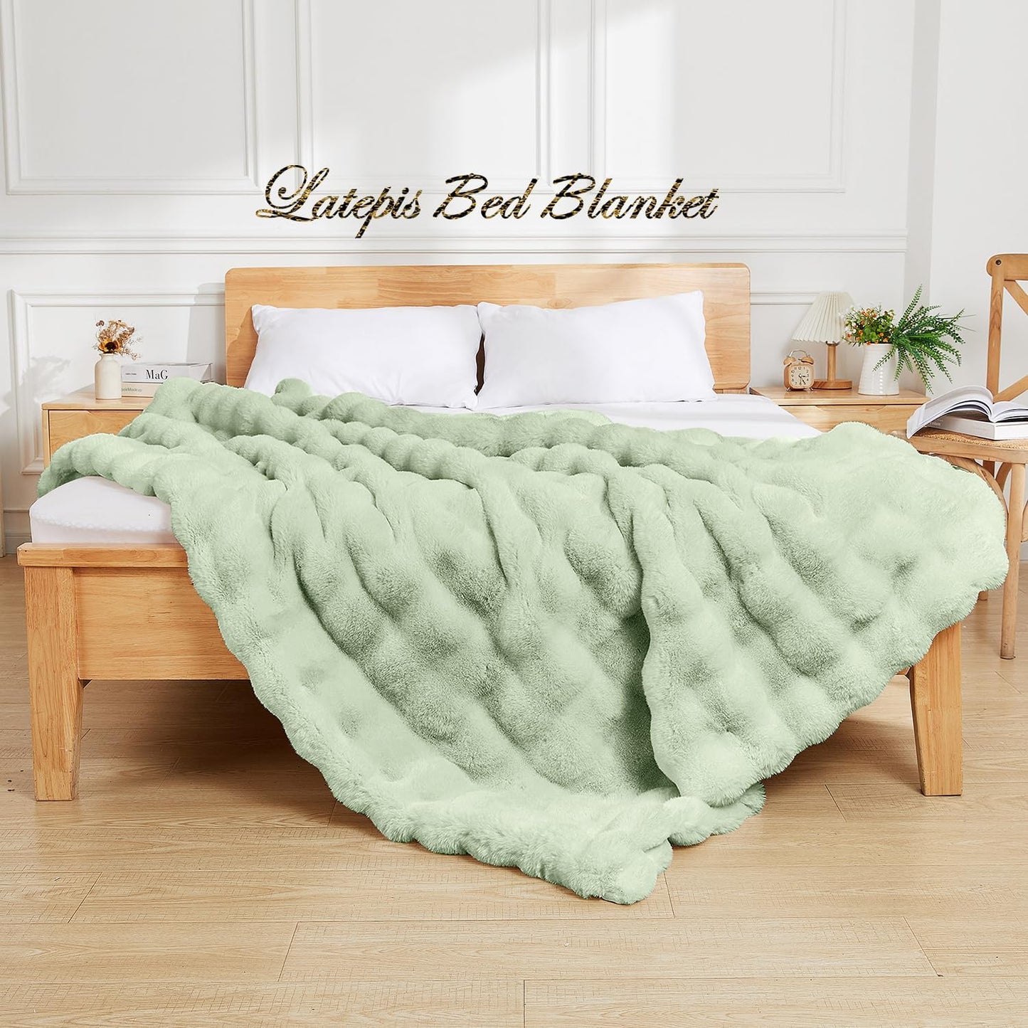 Latepis Soft Faux Fur Blanket Bubble Twin Size Comfy Blanket for Bed Fuzzy Cozy Thick Blankets for Couch Bedroom Furry Warm Blankets for All Seasons Luxury Bed Throw 60x80 Inch Sage Green, 860gsm
