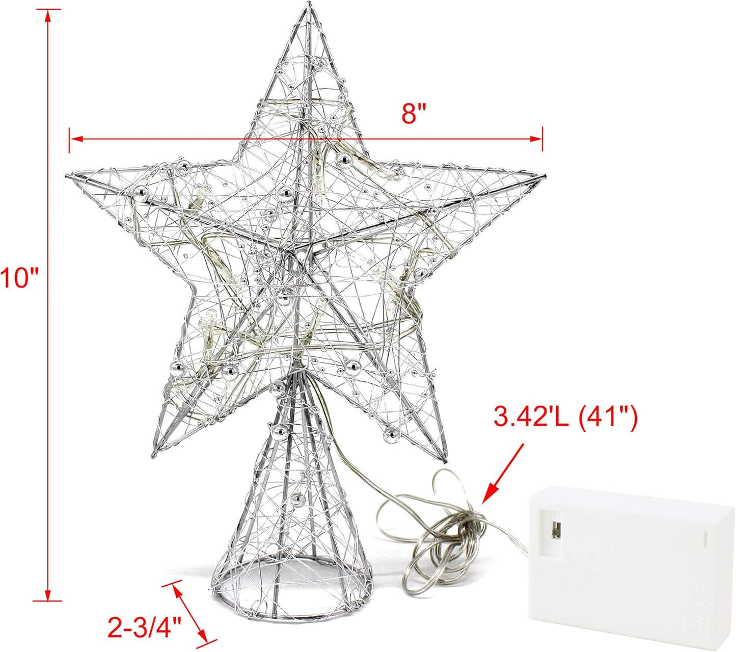 CVHOMEDECO. Silver Wire Woven Tree Top Star with Bright White LED Lights and Timer for Christmas Ornaments and Holiday Seasonal Décor, 8 x 10 Inch