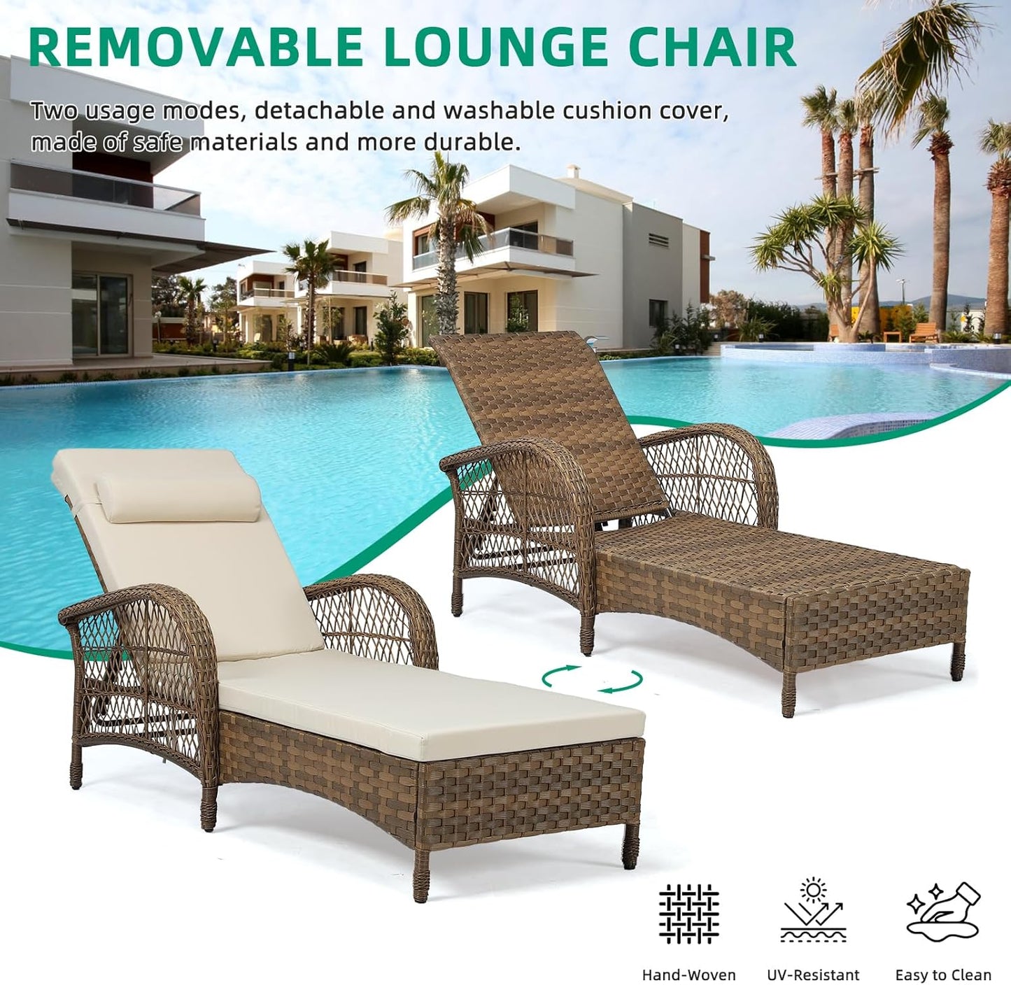 VIVIJASON Outdoor Wicker Chaise Lounge Chair, All-Weather PE Rattan Cushioned Patio Lounger Chair, 6-Position Adjustable Pool Sunbathing Recliner with Armrest & Pillow for Poolside Deck Yard, Beige