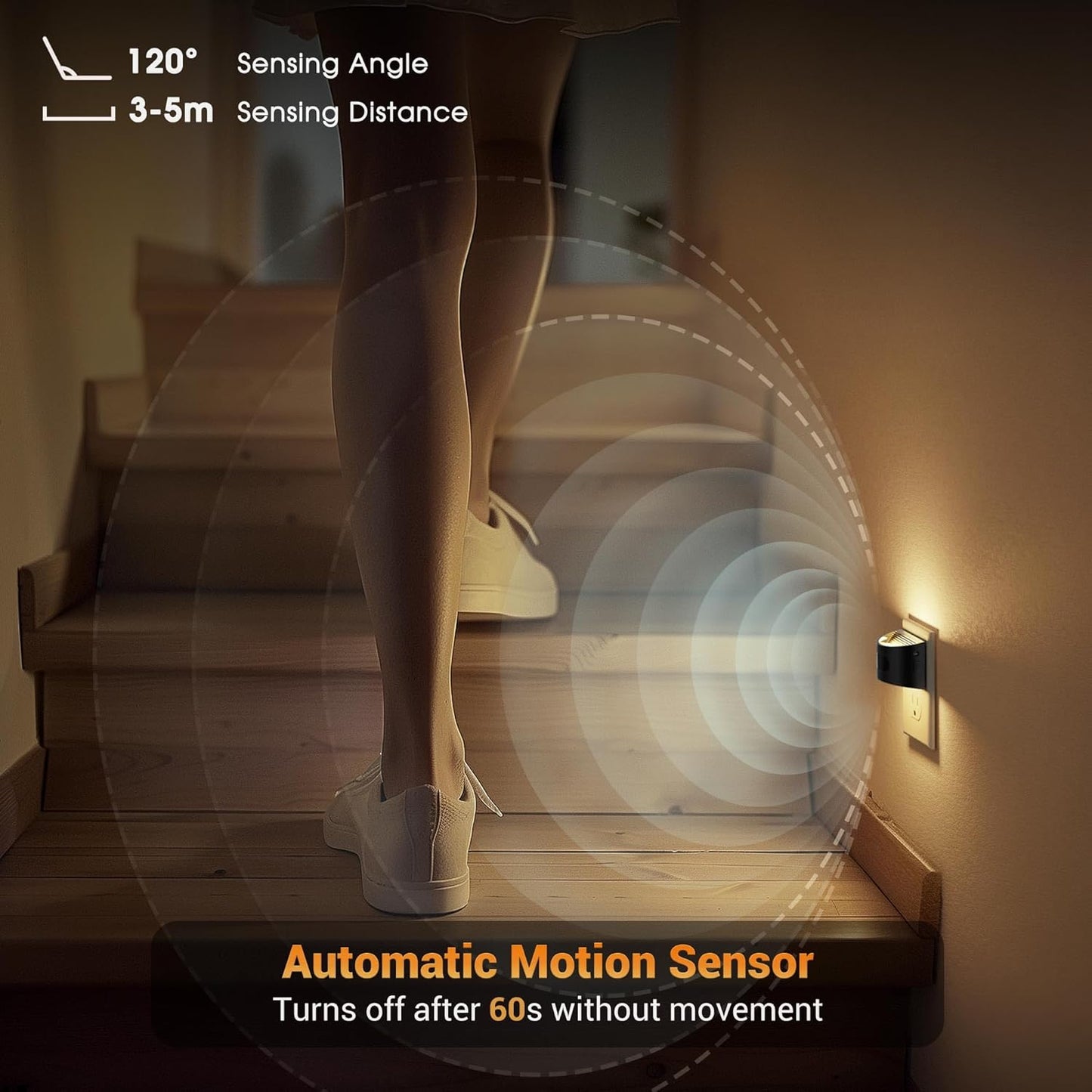 JandCase Motion Sensor Night Light, Night Lights Plug into Wall, Dusk to Dawn Sensor Nightlight with Motion Activated, 30/60/100lm Brightness Dimmable, 3000K Warm White[4 Pack]