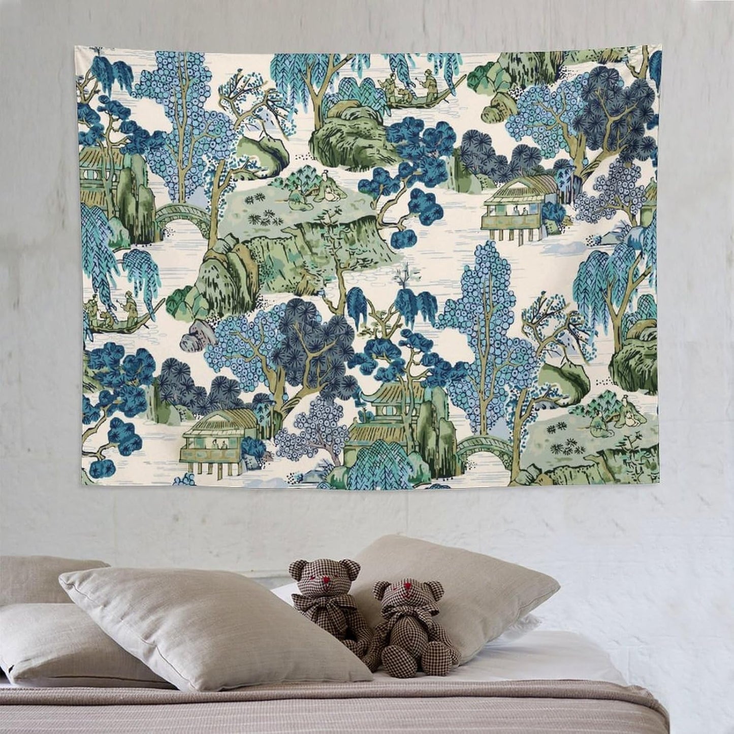 Chinoiserie Tapestry,Asian Watercolor Abstract Art Tapestry,Asian Japanese Wall Tapestry, Nature Landscape Tapestries for Bedroom Living Room Decor 80"x60"