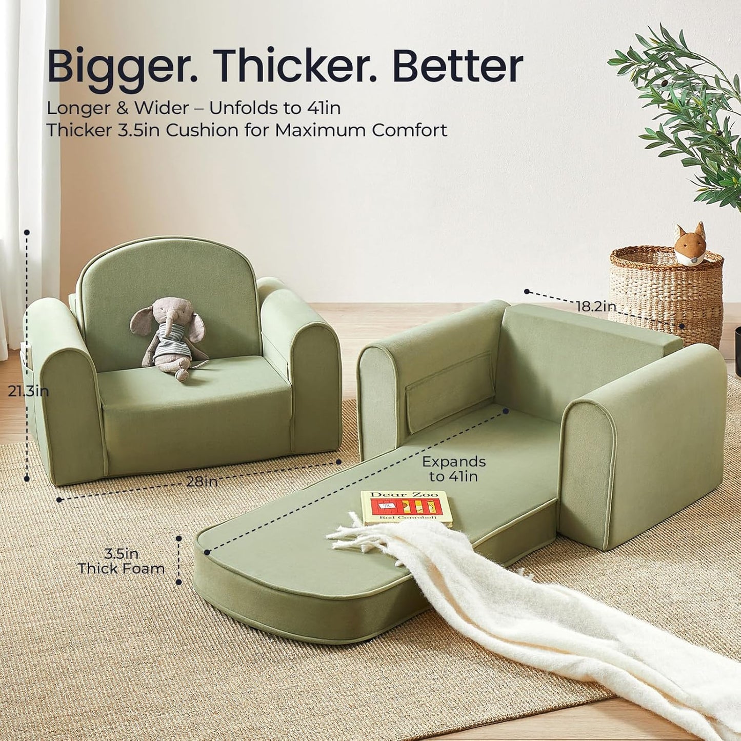 Tiny Land 2-in-1 Foldable Kids Couch with Pockets – Soft Thick Toddler Sofa, Lounger Couch, Convertible Kids Chair for Playroom, Bedroom or Living Room, Gift for Boys & Girls(Green)