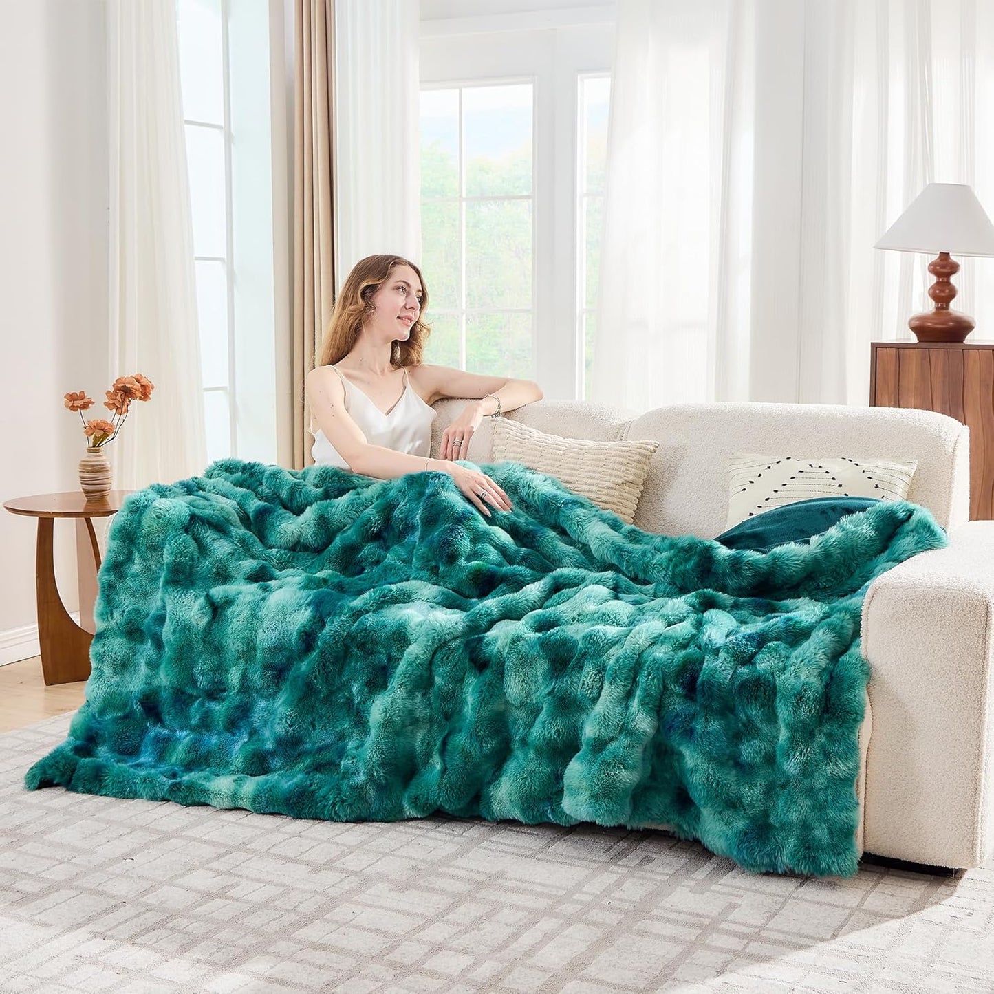Lotus Karen Faux Fur Throw Blanket Tie-Dye Green - Big Bubble Rabbit Fluff Blanket for Couch, Large Fluffy Fuzzy Cozy Blanket,Thick Furry Plush Shaggy Blankets,108x90 Inches