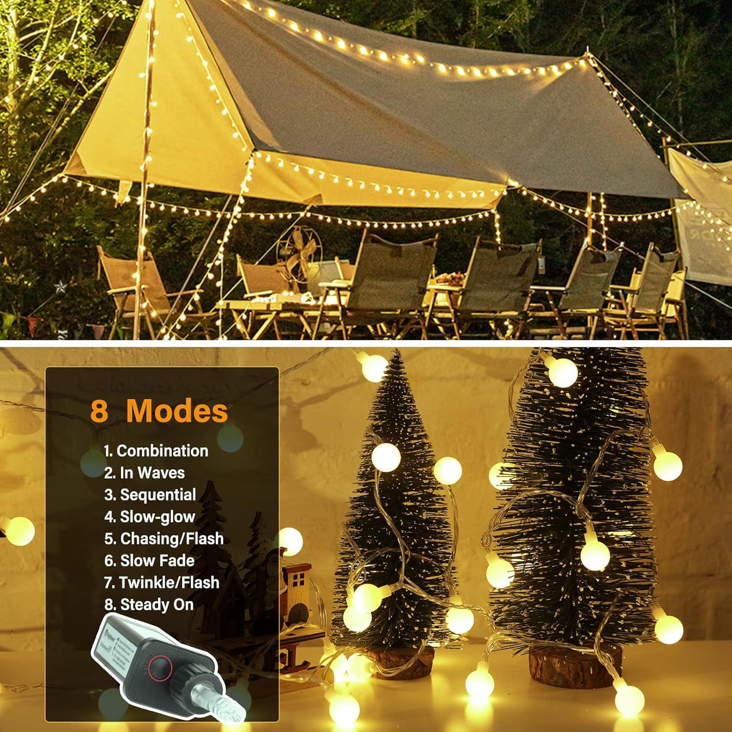 Minetom Mini Globe String Lights, 66 Ft. 200 LED Fairy String Lights Plug in, 8 Modes with Remote, Decor for Indoor Outdoor Party Wedding Christmas Tree Garden, Warm White