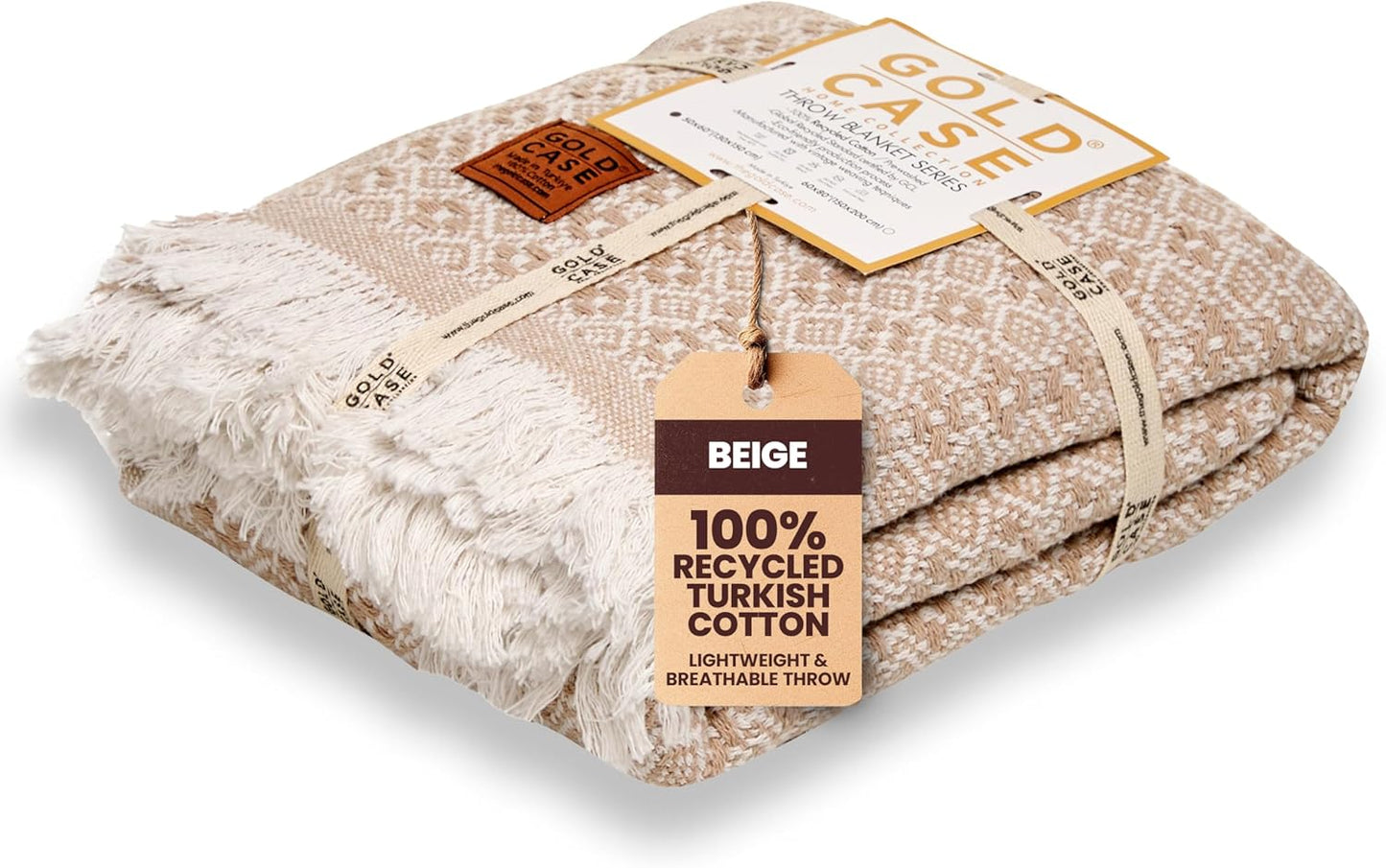 Gold Case Throw Blanket for Couch – 100% Recycled Turkish Cotton Blankets & Throws – Elegant Decorative Throw Blankets for Living Room Sofa – Woven Throws for Couch – Retro Beige – 50x60
