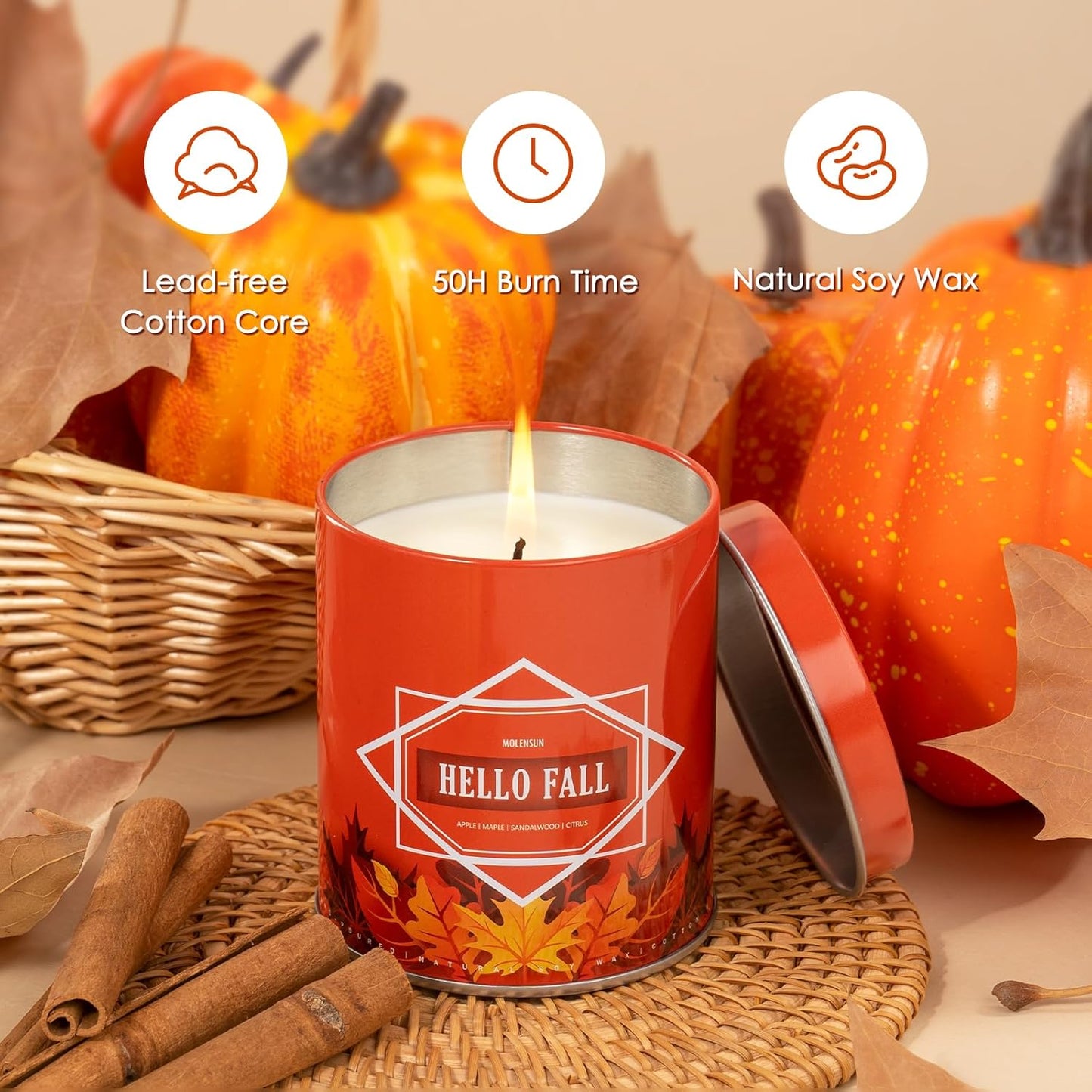 Hello Fall Scented Candle – 9 oz Soy Wax in Travel-Friendly Reusable Tin, Non-Toxic & Clean Burning, 50-Hour Burn – Cozy Autumn Fragrance, Holiday Gift & Fall Decor for Women & Men