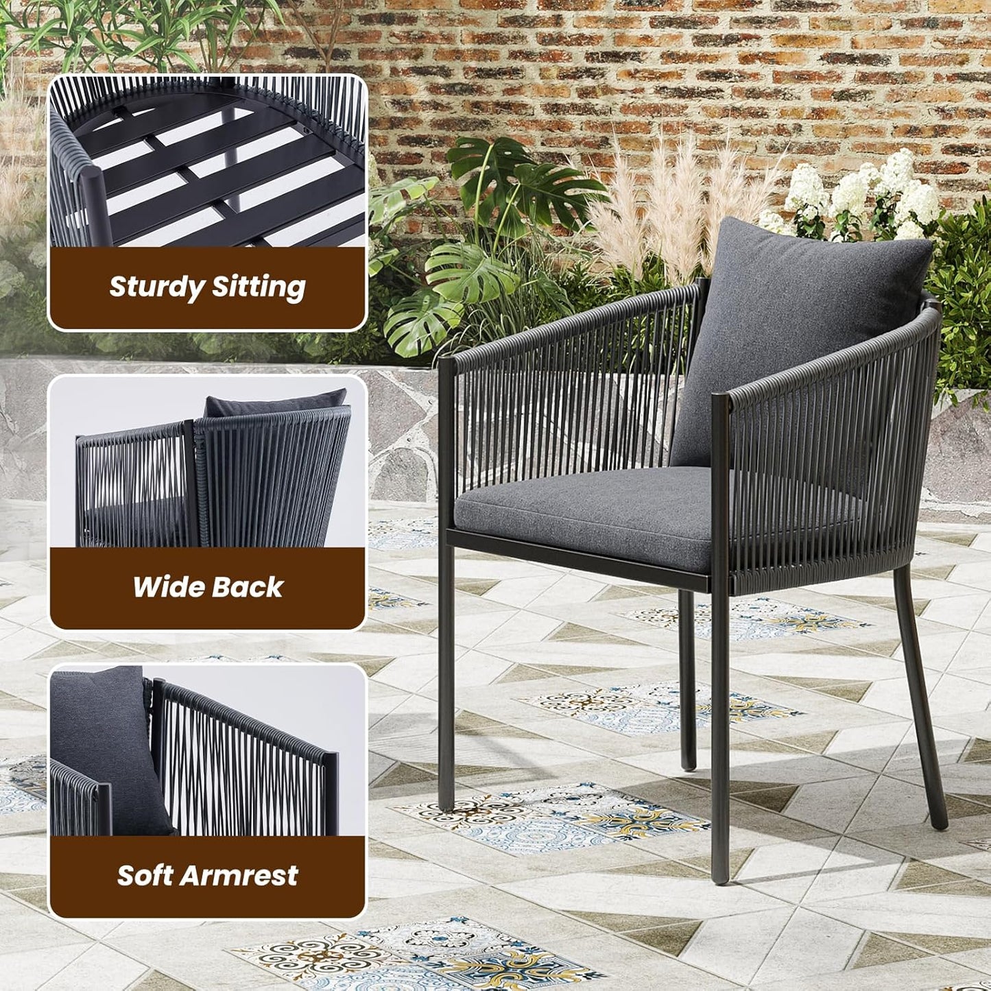 Soohow 5 Pieces Outdoor Dining Set for 4, Patio Table and Chairs Set 4 X Rattan Wicker Patio Chair with Cushions and 1 X Outdoor Table Plastic Wooden Top for Lawn, Deck Backyard, Poolside