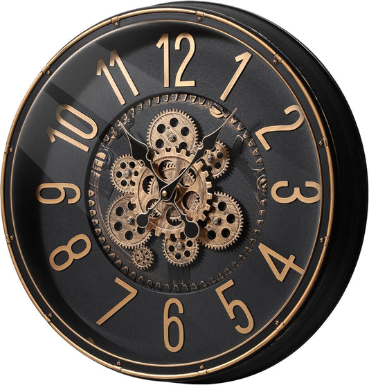 Maxstar Large Moving Gear Wall Clock,20" Vintage Mechanical Battery Operated Industrial Wall Clocks for Farmhouse Living Room,Home Office, Dinning Room, Kitchen, Steampunk Decor-Gold,Arab Numeral