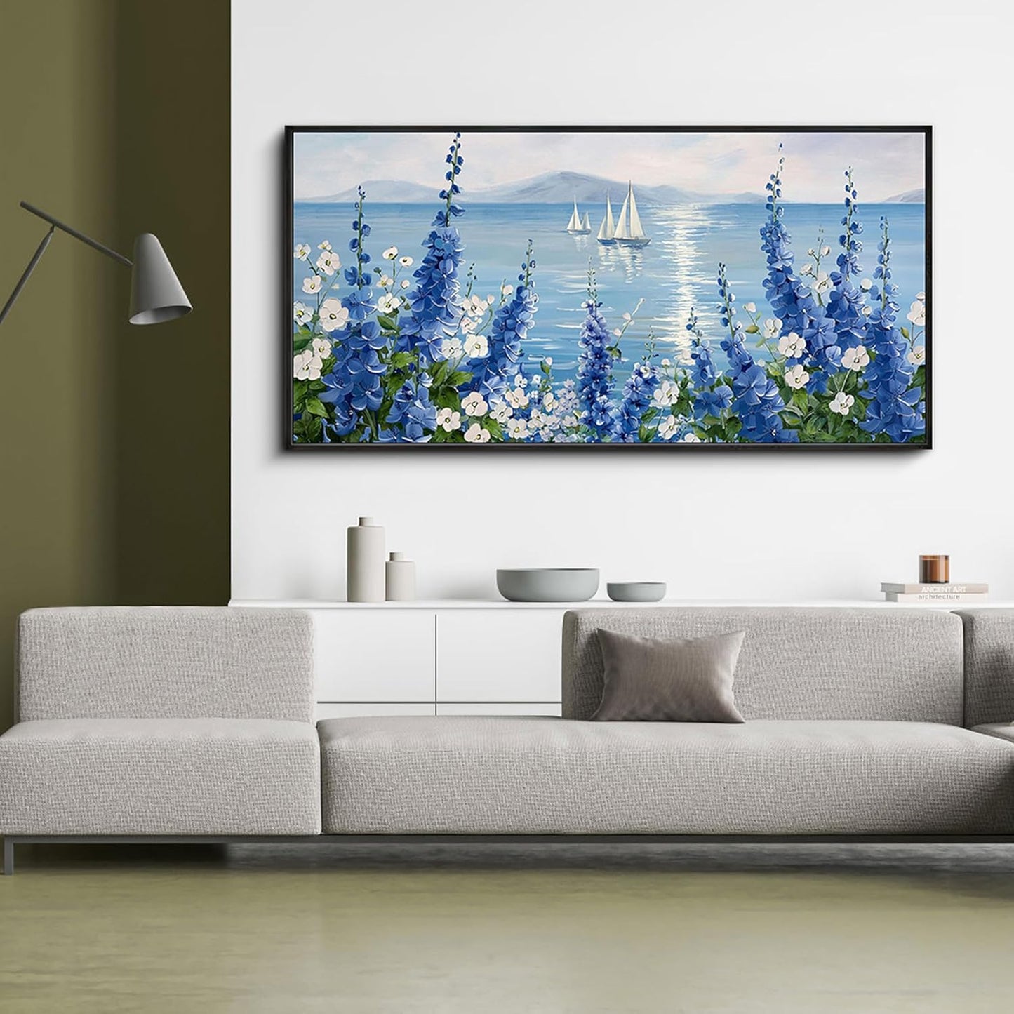 XLSJERST Sailboat Wall Art - Blue Canvas Abstract Painting Textured Picture Artwork Vintage Nautical Flower Painting Coastal Modern Print 20"x40" Frame for Living Room Bedroom Office Home Decoration