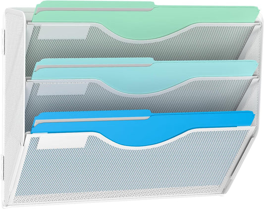 3 Tier Hanging Wall File Organizer, Mesh Mail Paper Orgnization Hanging File Folder Holder for Home Office, White