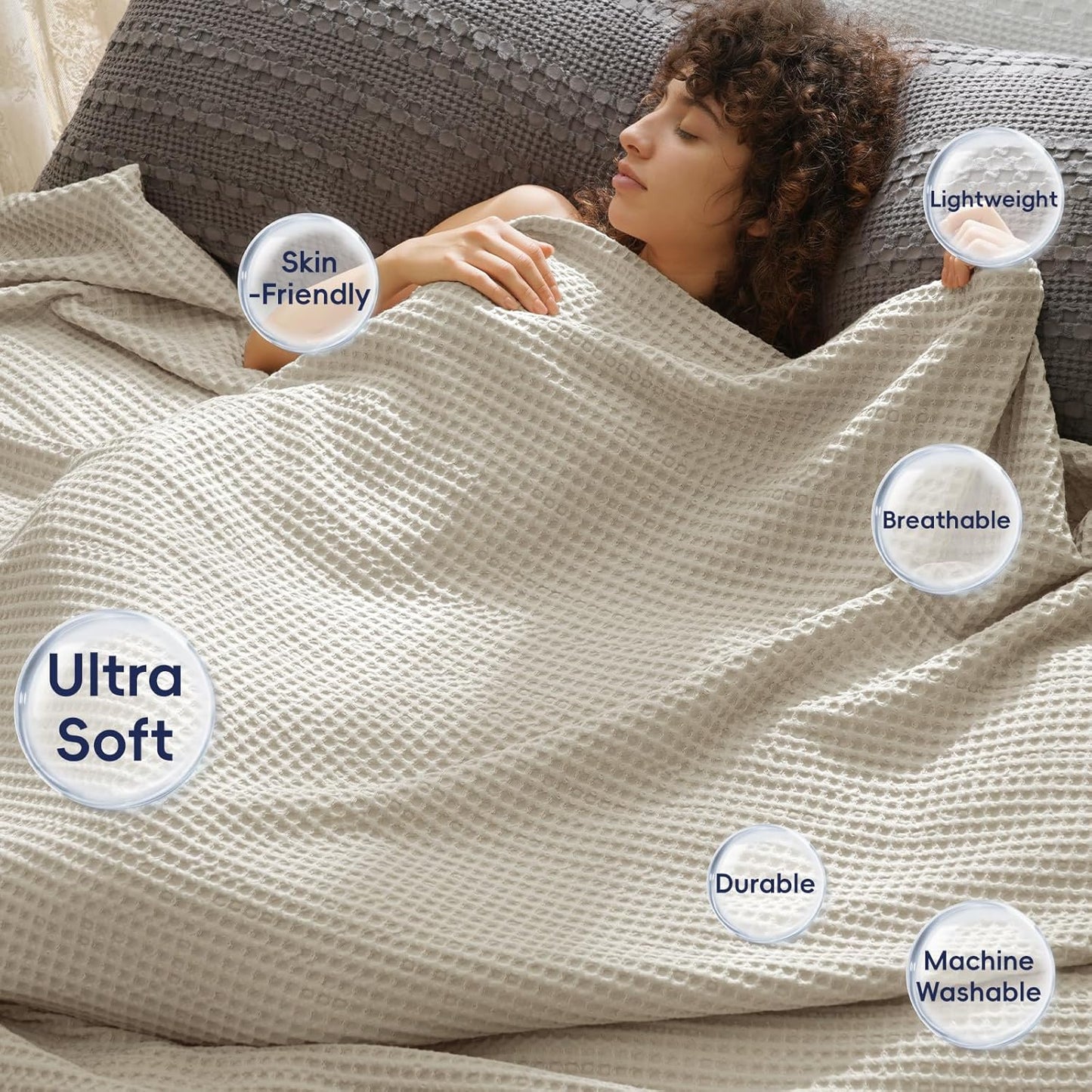 PHF Ultra Soft Waffle Weave Blanket King Size 104"x 90"- Washed Lightweight Breathable Cozy Woven Blanket for Bed - Aesthetic Decor for Couch Bedding Sofa Home Car - Light Khaki/Linen