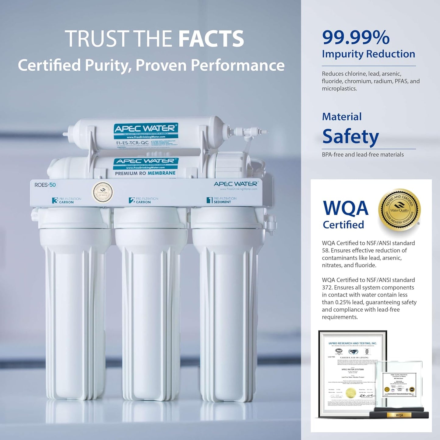 APEC Water Systems ROES-50 Essence Series Top Tier 5-Stage WQA Certified Ultra Safe Reverse Osmosis Drinking Water Filter System with Extra High Capacity Pre-Filter Set Stage 1-3