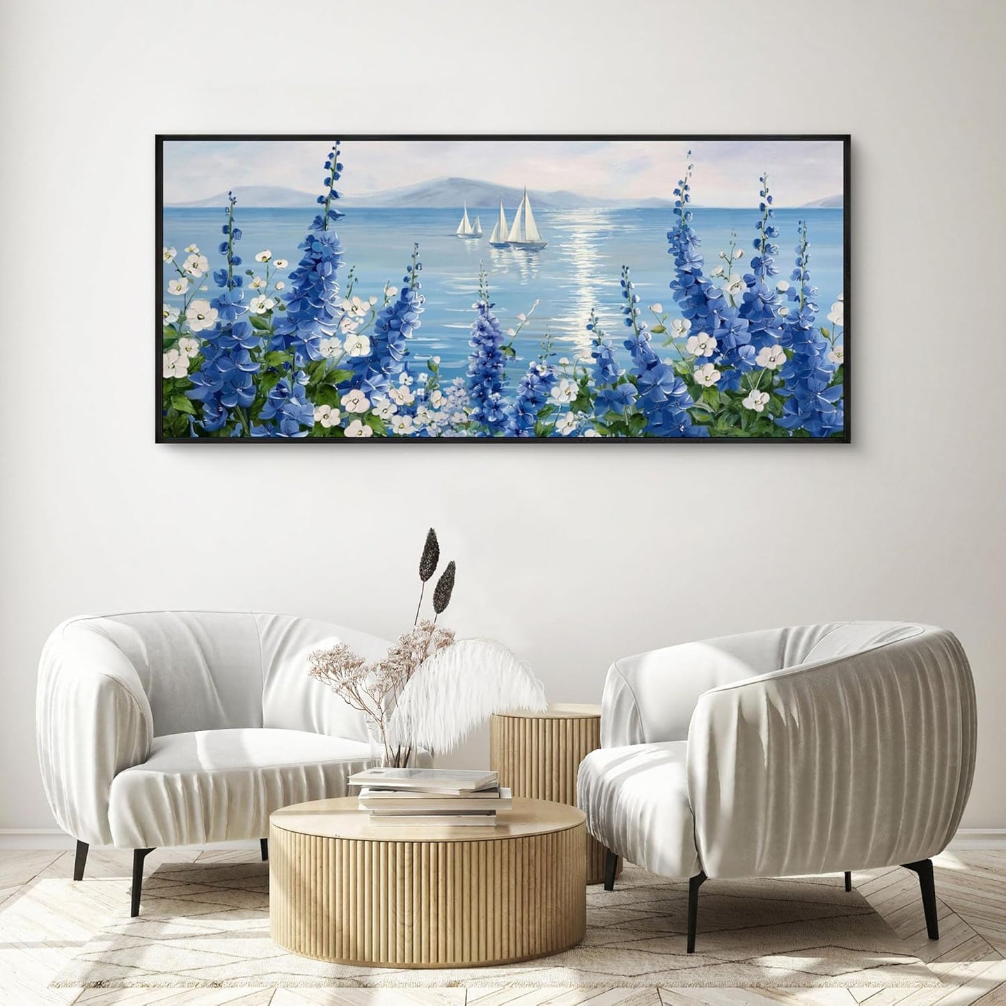XLSJERST Large Sailboat Wall Art - Blue Canvas Abstract Painting Textured Picture Artwork Vintage Nautical Flower Painting Coastal Modern Print 70"x31" Frame for Living Room Bedroom Home Decoration