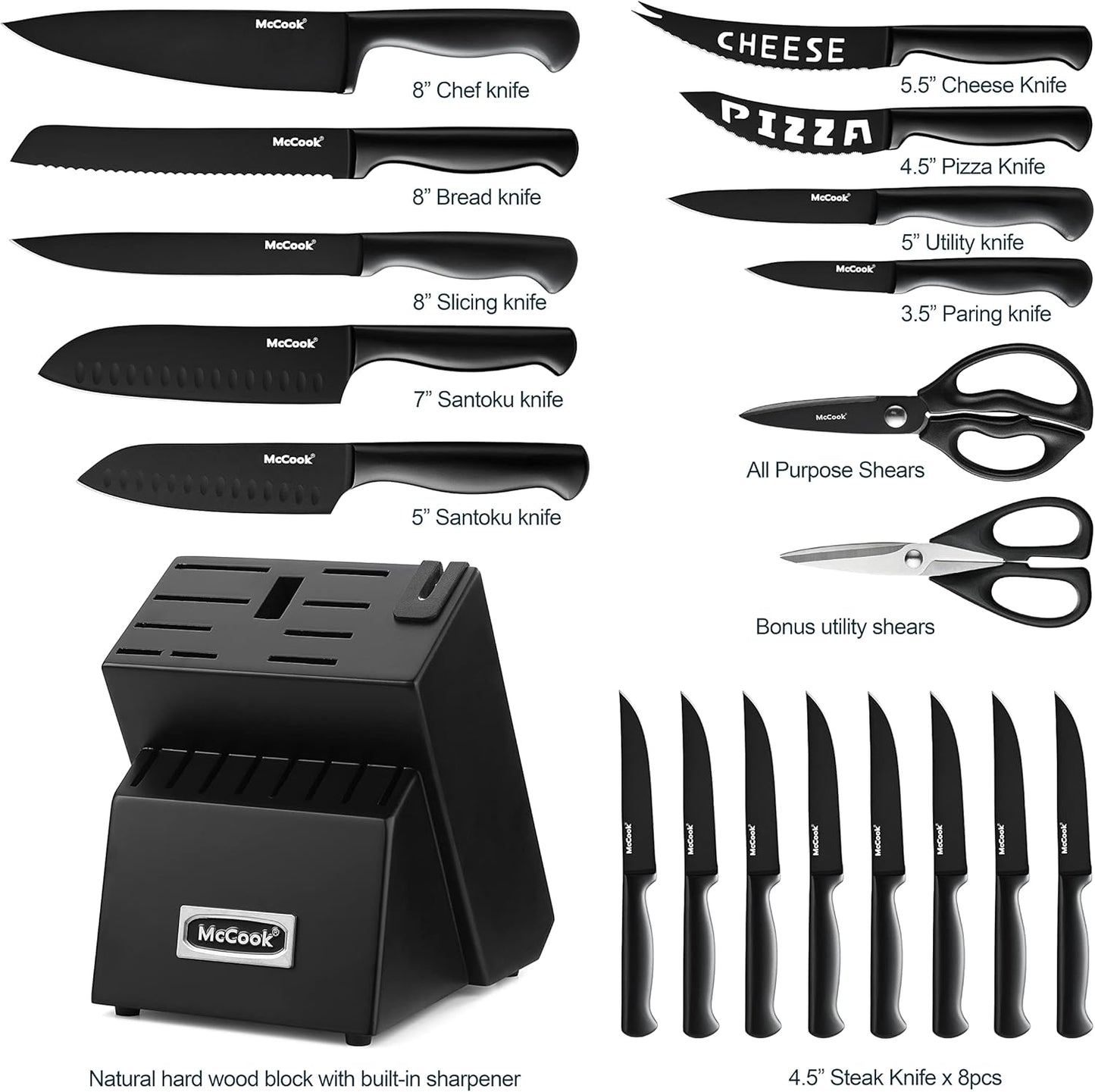 McCook® Premium Black Knife Sets,German Stainless Steel Kitchen Knives Block Set with Built-in Sharpener