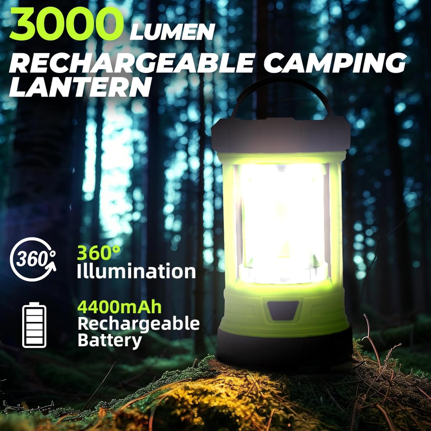Rechargeable Camping Lantern, 3000LM 5 Light Modes Camping Light 4400 Capacity Phone Charger LED Impact-Resistant Flashlight Lantern Portable Waterproof Hurricane Lanterns for Emergency(Pale Green)