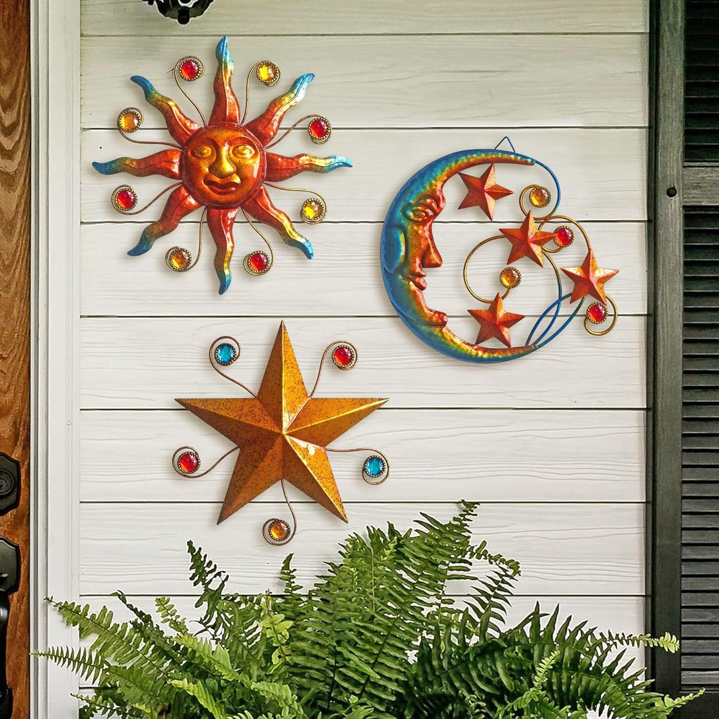 Limygus Metal Wall Art Sculpture, Set of 3 - Celestial Wall Decoration - Sun Moon Star Decorative Silhouette - Waterproof Wall Hanging Decor for Home Office, Bedroom, Bathroom, Living Room