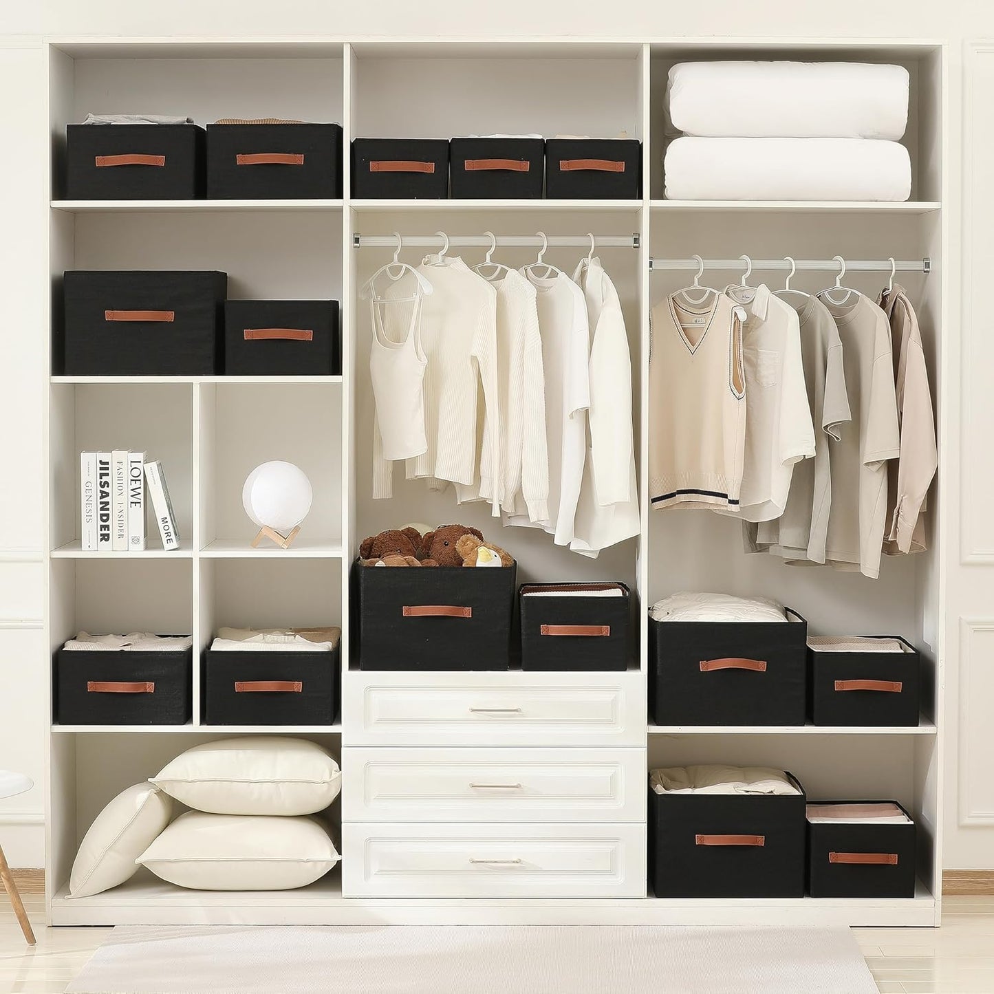 linen closet organizers and storage, 3 Pack Large Storage Baskets, Washable, Clothing Storage Bins with Handle, Closet Organizer for Storage Sweater,Sheets (Black, 18½"x11"x8½")