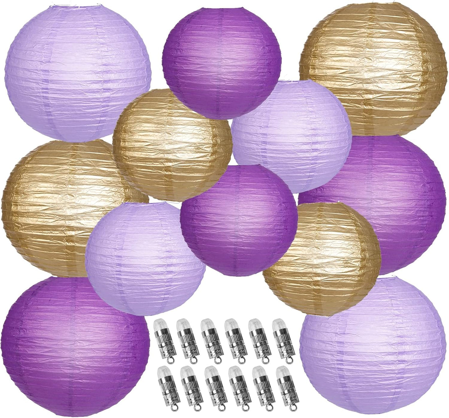Paper Lanterns Decorative, Purple Lavender Gold Hanging Round Chinese Lanterns with Lights for Graduation Bachelorette Theme Birthday Party 12 LED Light Pack of 12
