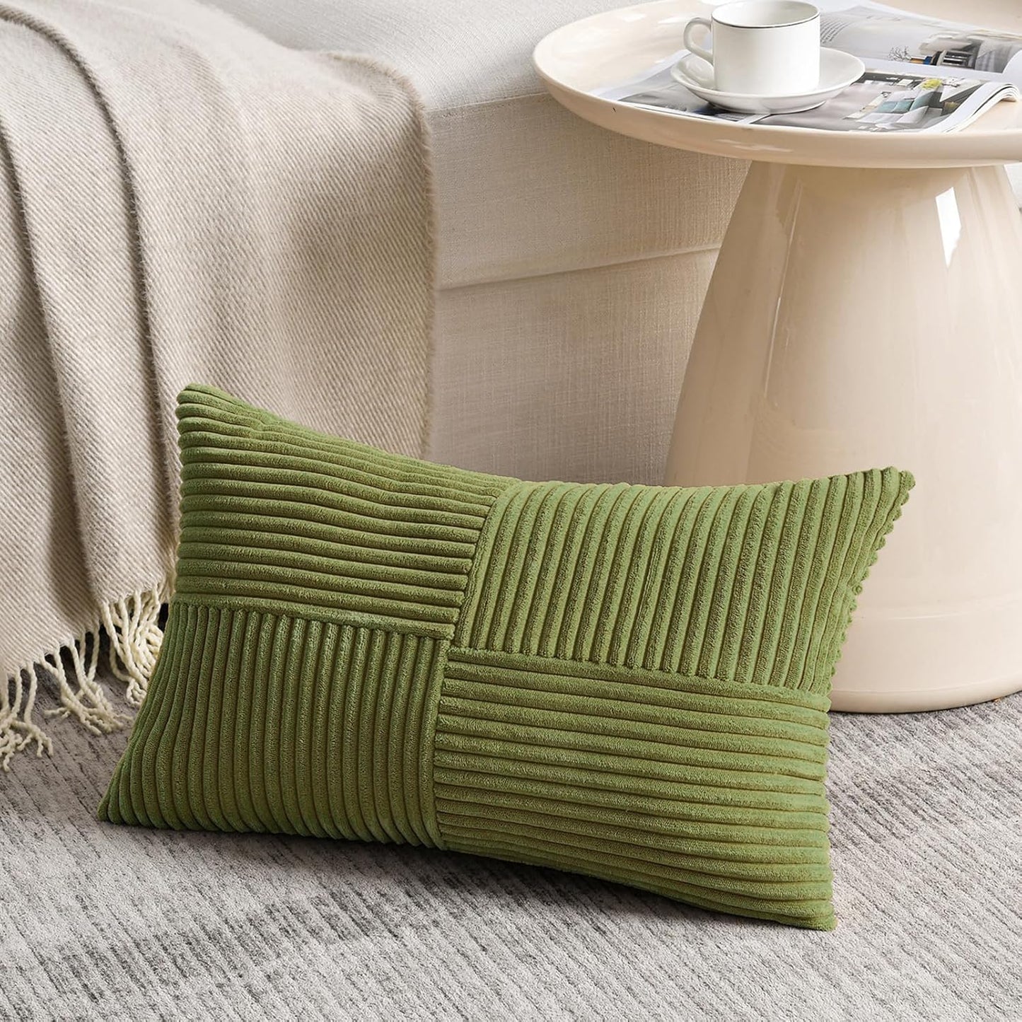 Fancy Homi 2 Packs Moss Green Lumbar Decorative Throw Pillow Covers 14x24 Inch for Couch Bed, Rustic Farmhouse Boho Home Decor, Soft Striped Corduroy Rectangle Accent Cushion Case 35x60 cm