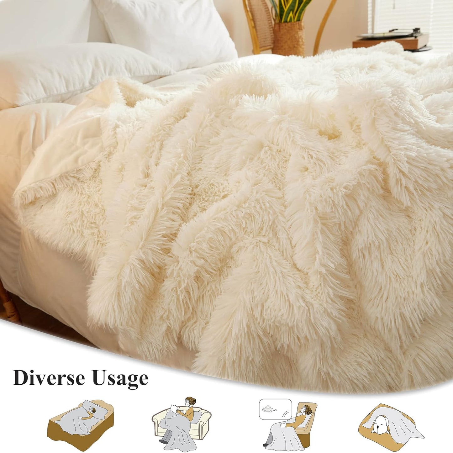 XeGe Luxury Faux Fur Throw, Ivory Soft 50x60 Fluffy Blanket, Ivory Shaggy Plush Decorative Couch Throw, Cute Furry Fuzzy Office Lap Blanket for Bedroom Living Room Beige