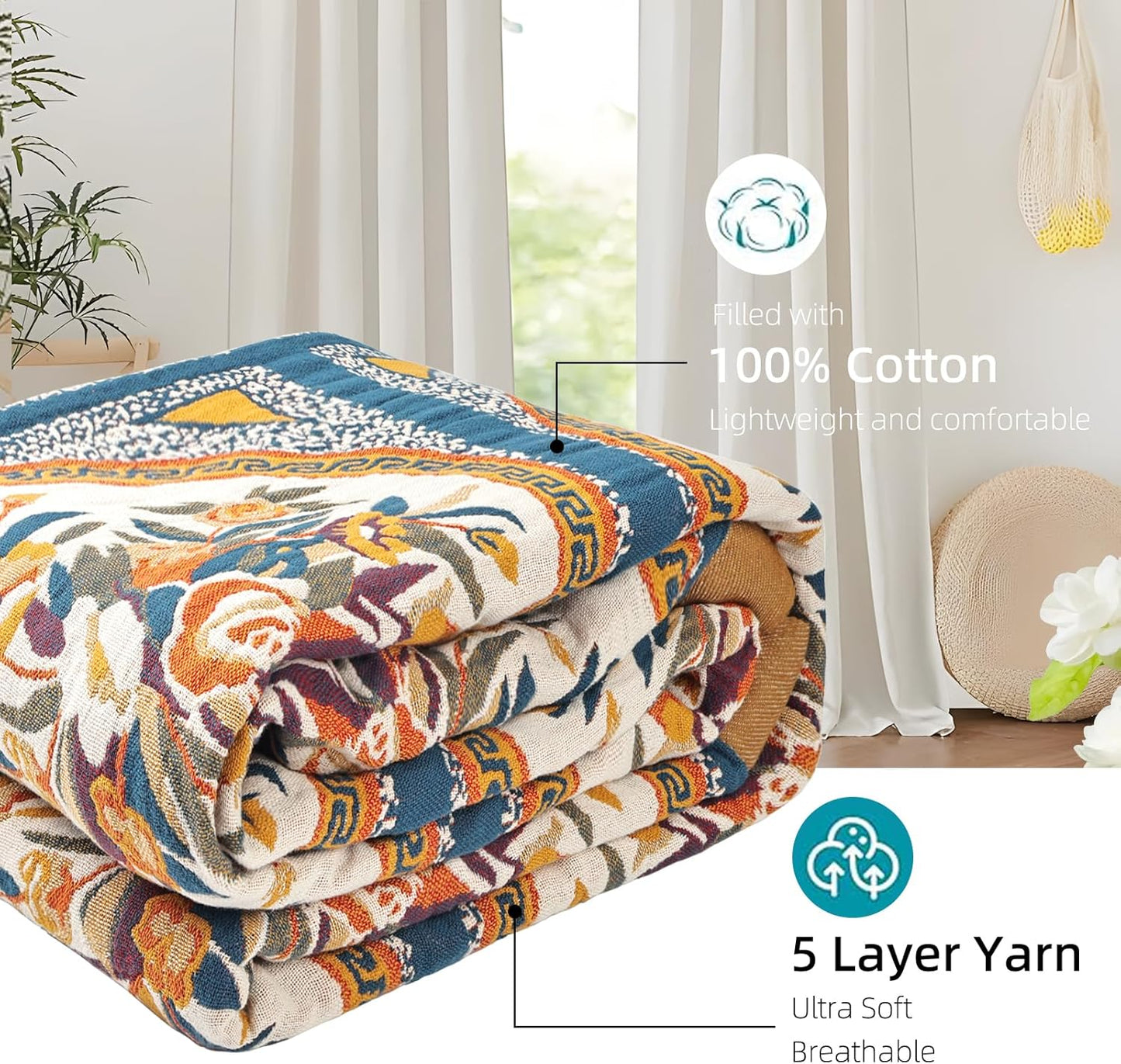 Boho Throw Blanket for Bed - 100% Pure Cotton Ultra Soft Rustic Quilt - Farmhouse Decor Bed Blankets, All Season Rustic Throw for Sofa Couch Chair(80''x 90'', Floral)